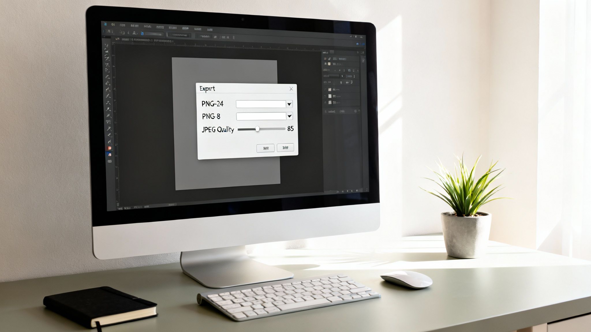 A computer screen displaying an 'Export' dialog with options for PNG and JPEG image quality settings.