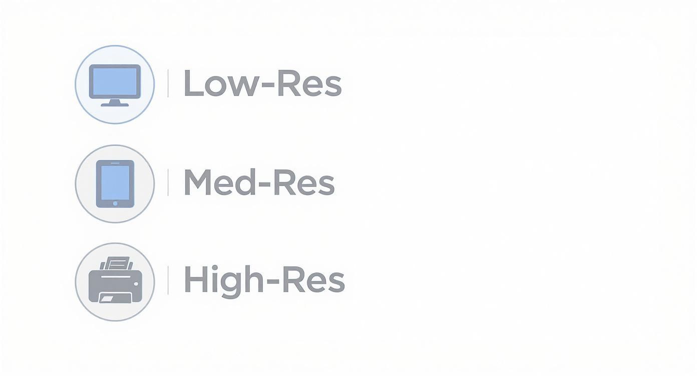 An illustration showing resolution levels: low-res for desktop, med-res for tablet, and high-res for printer.