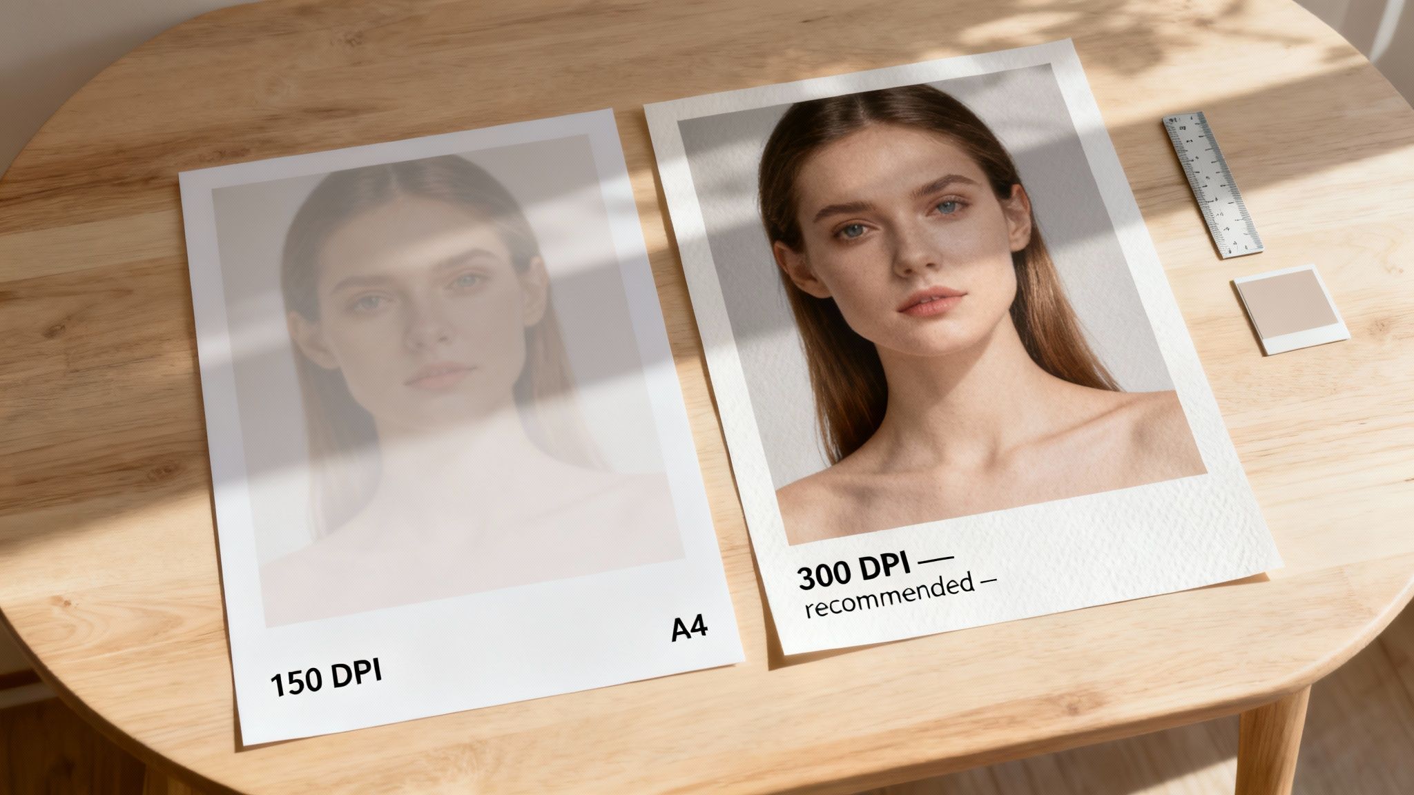 Two A4 photo prints on a wooden table comparing 150 DPI (faded) and 300 DPI (sharp) print quality.