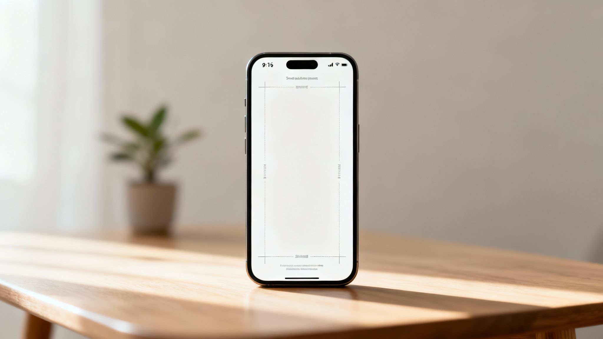 A black smartphone displaying a blank screen layout on a wooden table in a well-lit room.