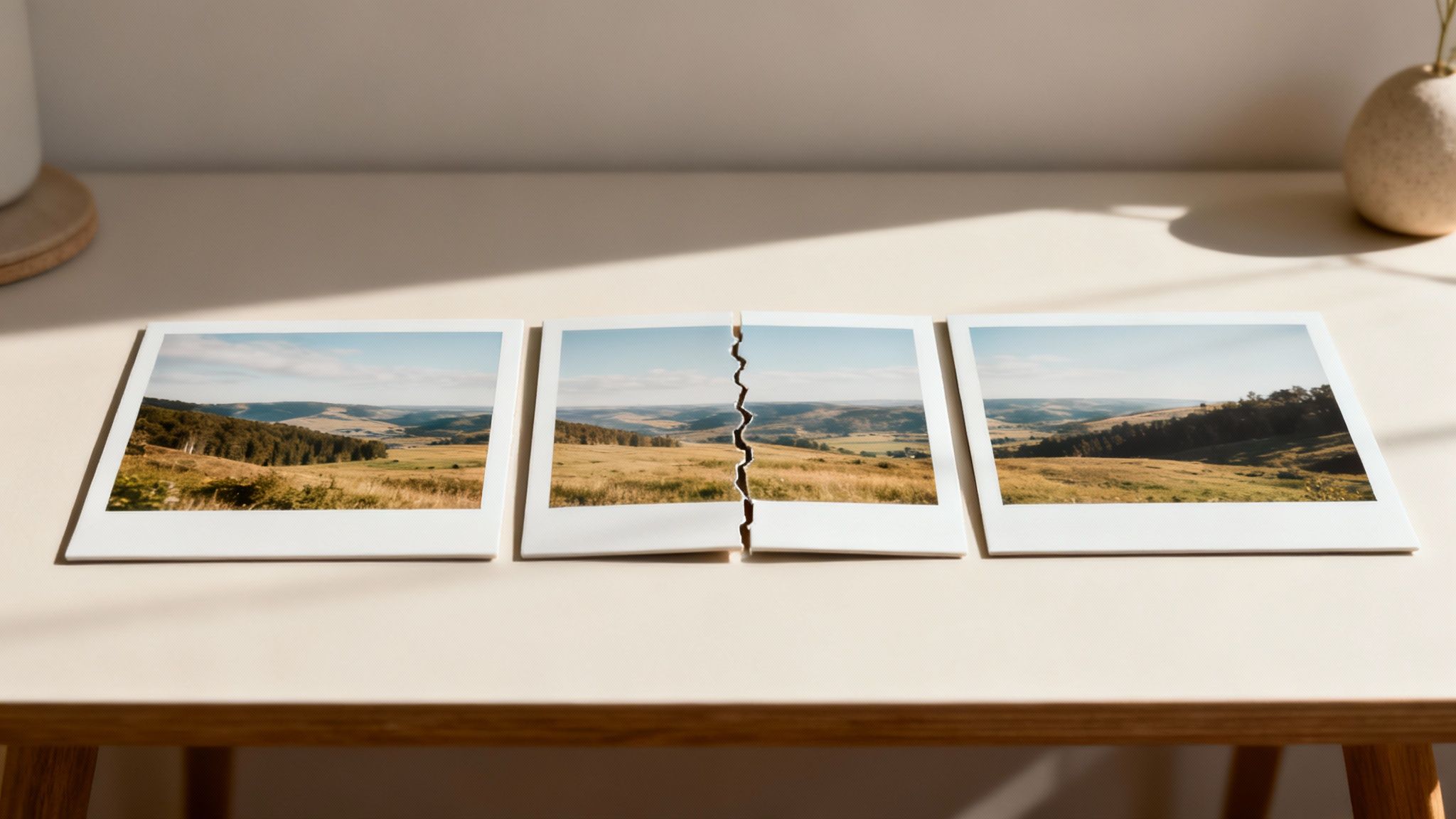 Three instant photos of a scenic landscape on a desk, with the middle one torn.