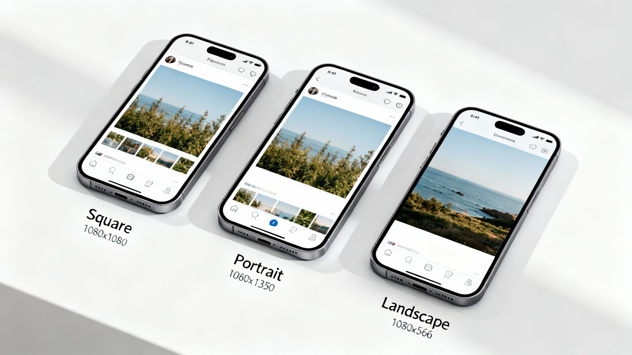 Three iPhones display Instagram post sizes: square, portrait, and landscape, featuring a nature photo.