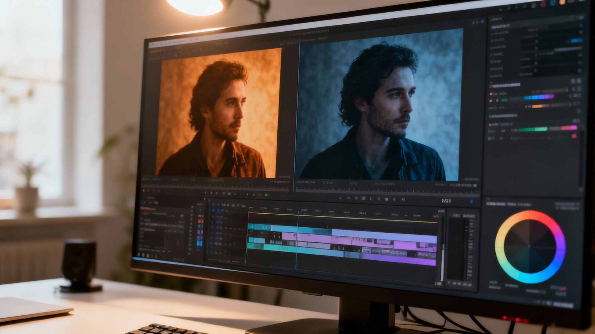 A close-up of a monitor displaying video editing software with color-graded footage of a man.