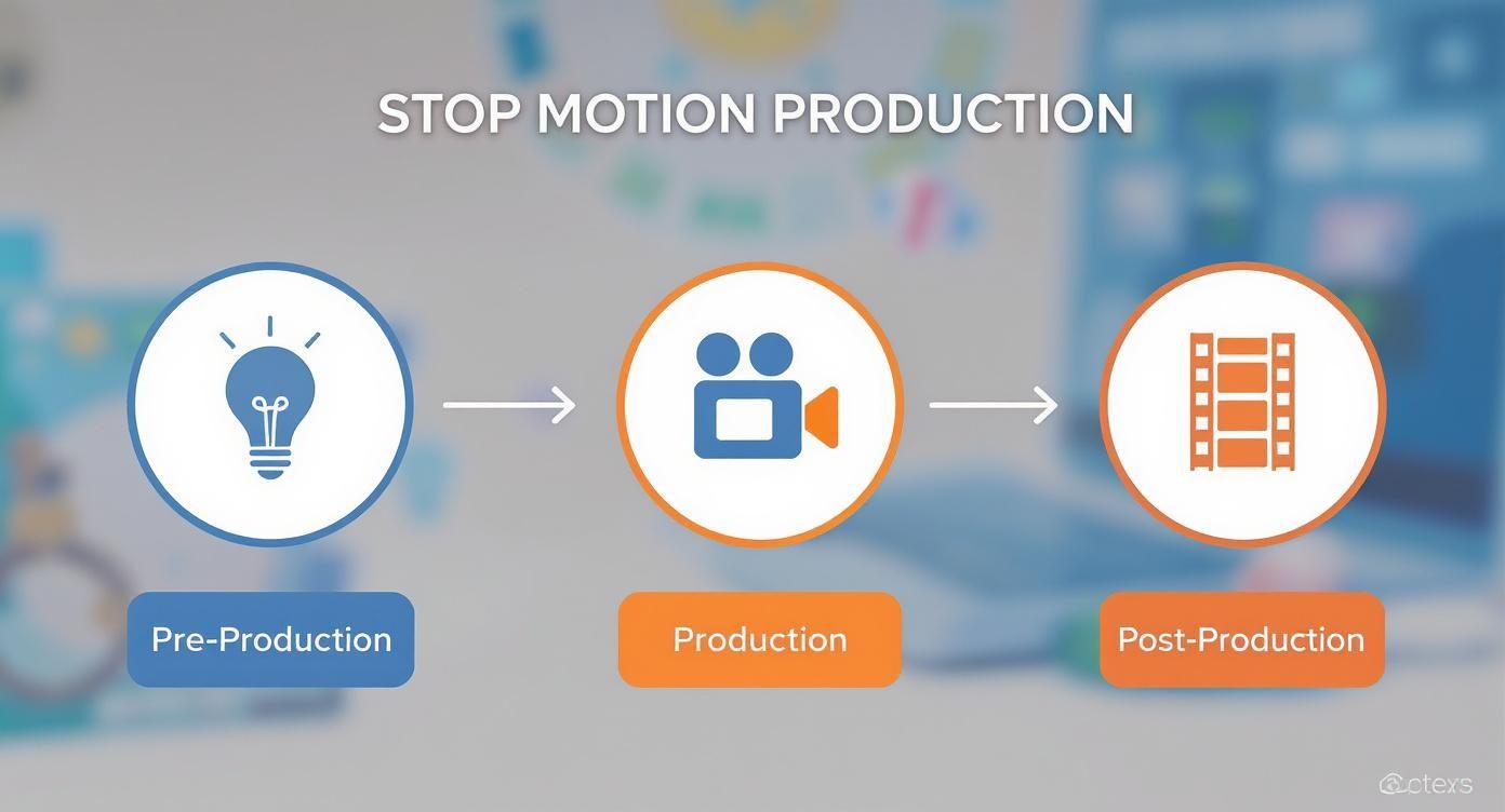 Diagram showing the three stages of stop motion production: pre-production, production, and post-production, with respective icons.