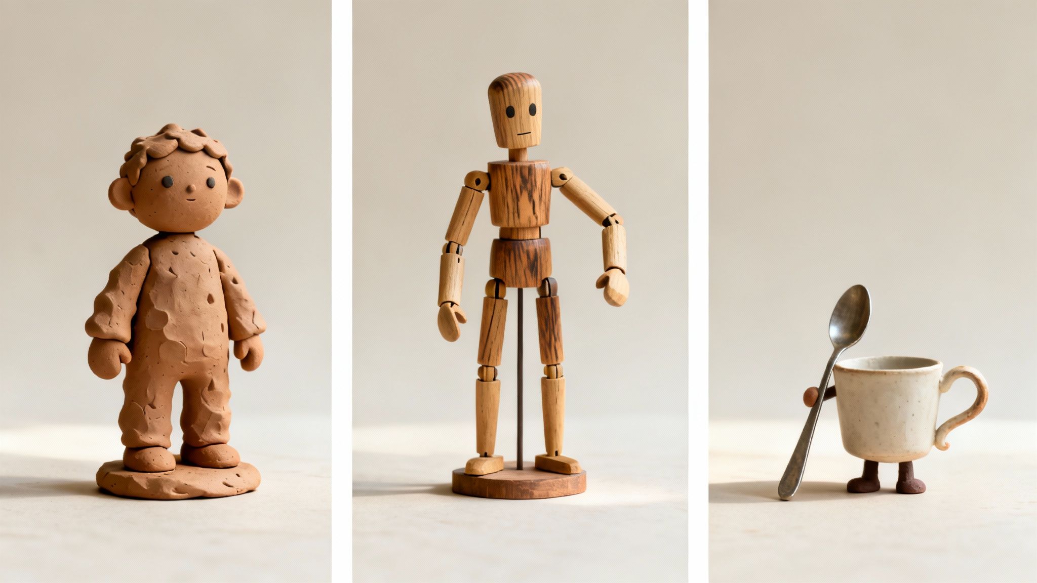 A triptych of handmade figures: a clay child, a wooden mannequin, and a ceramic mug with a spoon.