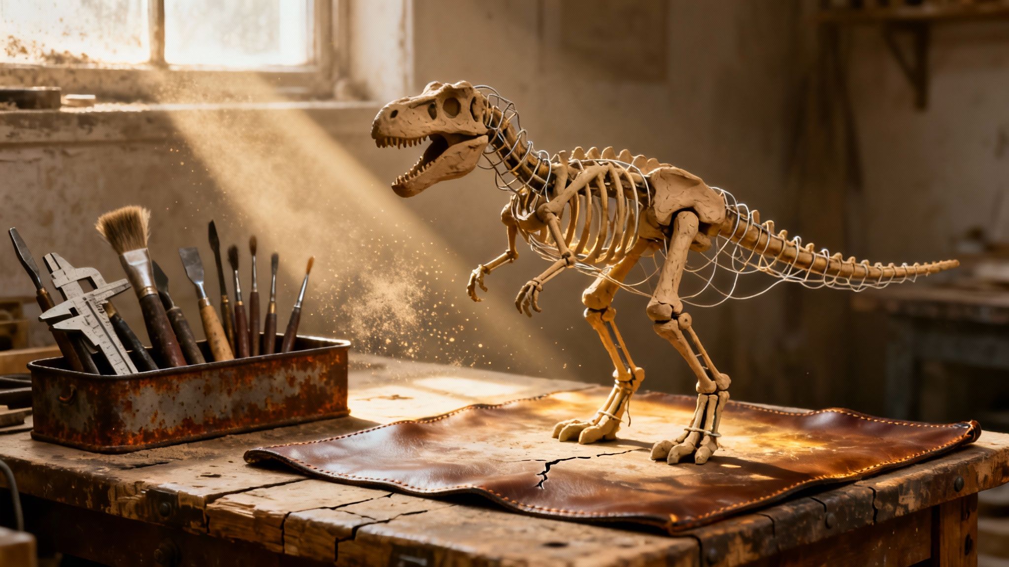 A detailed clay dinosaur skeleton with wire armature on a workbench with artist's tools, illuminated by sunlight.
