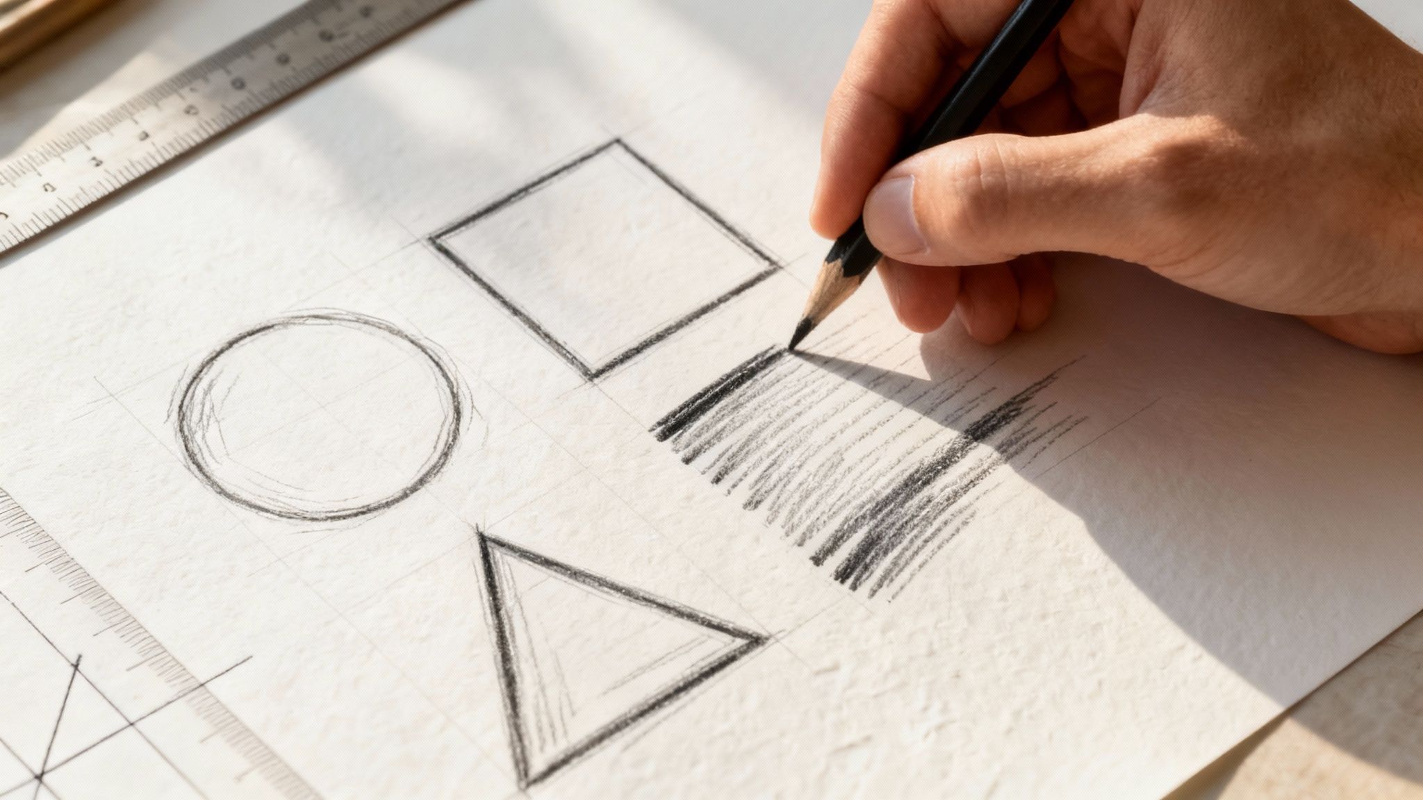 Close-up of a hand drawing geometric shapes and shading exercises on paper with a pencil.