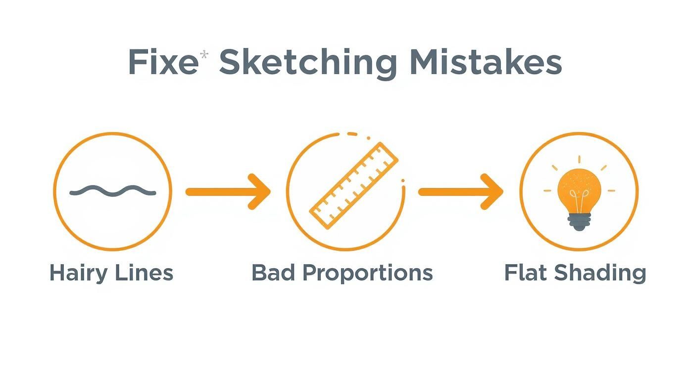 An infographic illustrating common sketching mistakes: hairy lines, bad proportions, and flat shading.