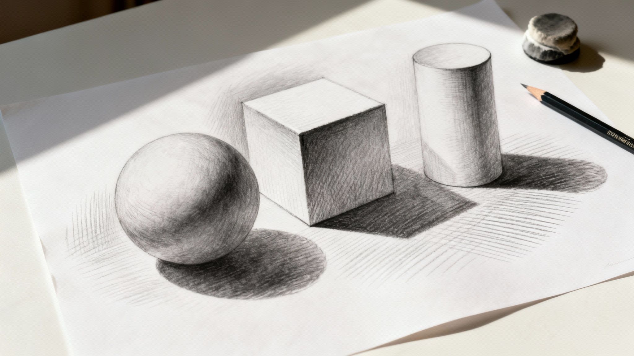A skilled pencil drawing of a sphere, cube, and cylinder with shadows, alongside a pencil and eraser.