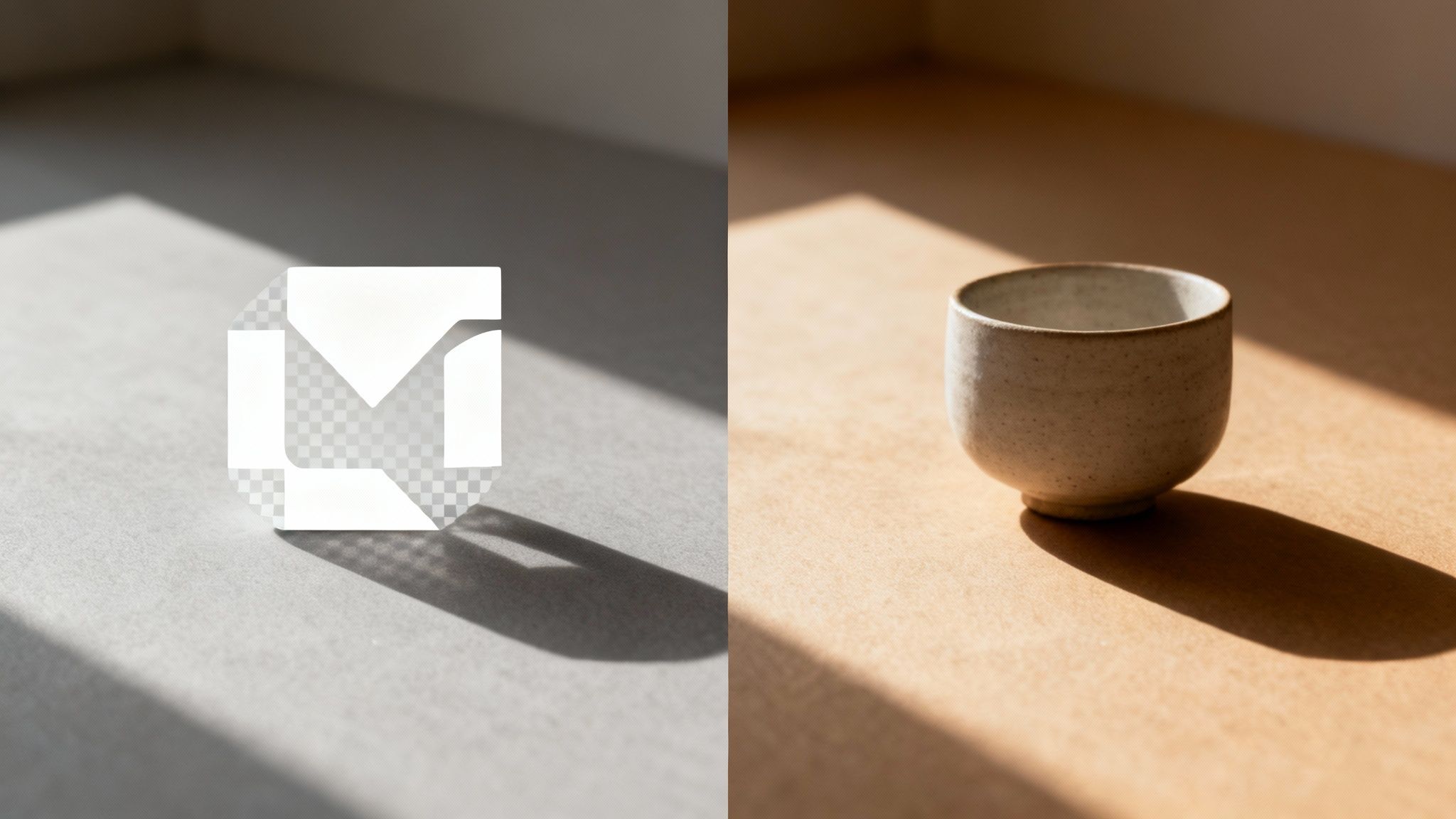 A split image showing a white M logo on a grey background and a ceramic cup on a brown background, both with harsh shadows.