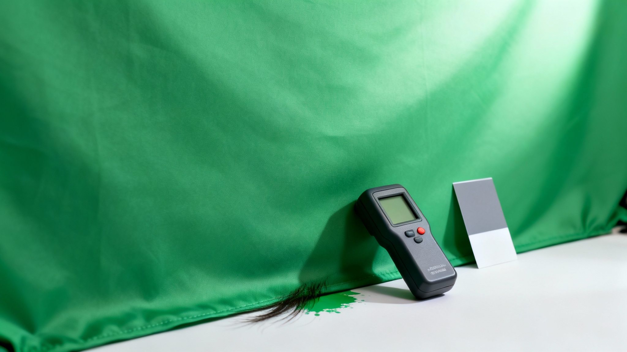 A professional light meter, a grey calibration card, and a green screen setup on a white surface.