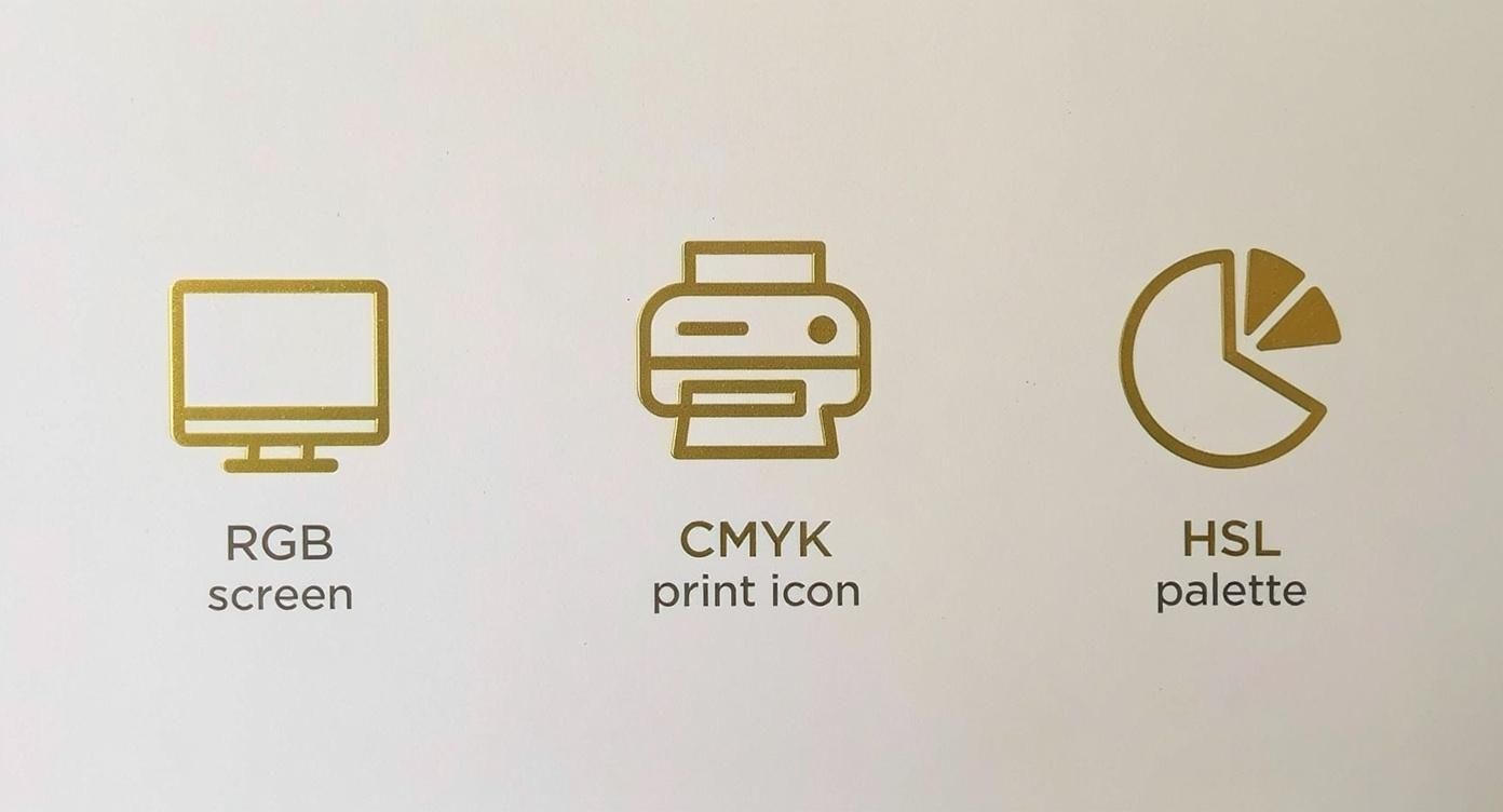 Three gold icons representing RGB screen, CMYK print, and HSL palette on a white background.