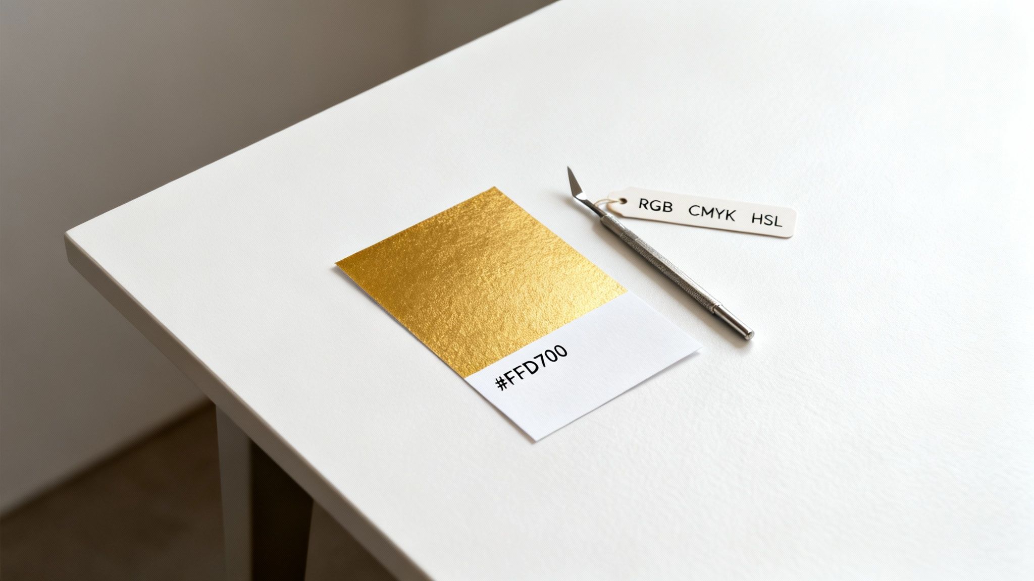 A gold color swatch displaying hex code #FFD700, a tool, and color model tag on a white table.
