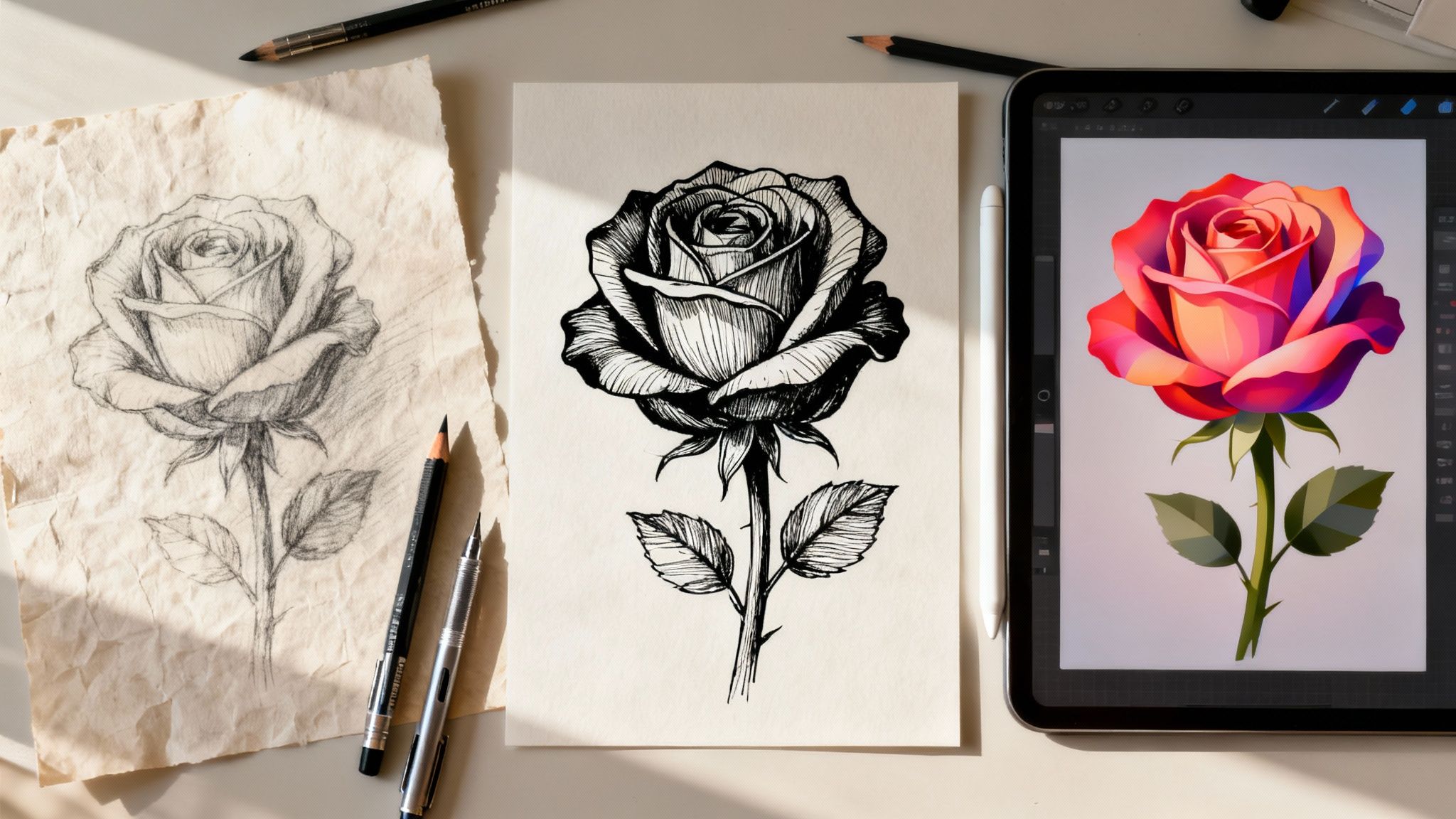 Creating Beautiful Drawings of Roses from Sketch to Screen