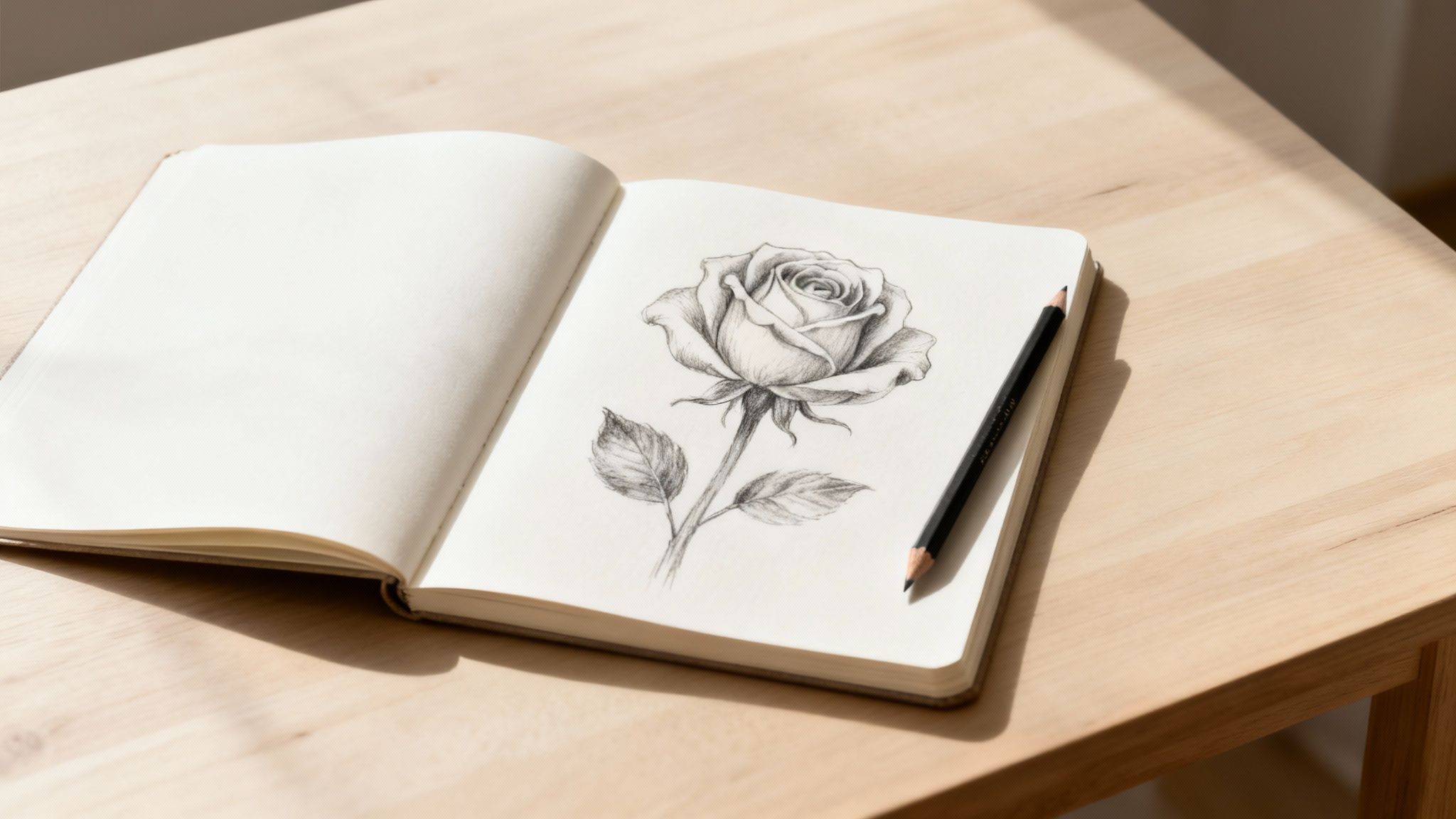 An open sketchbook on a light wooden table, displaying a detailed pencil drawing of a single rose with leaves, next to a black pencil.