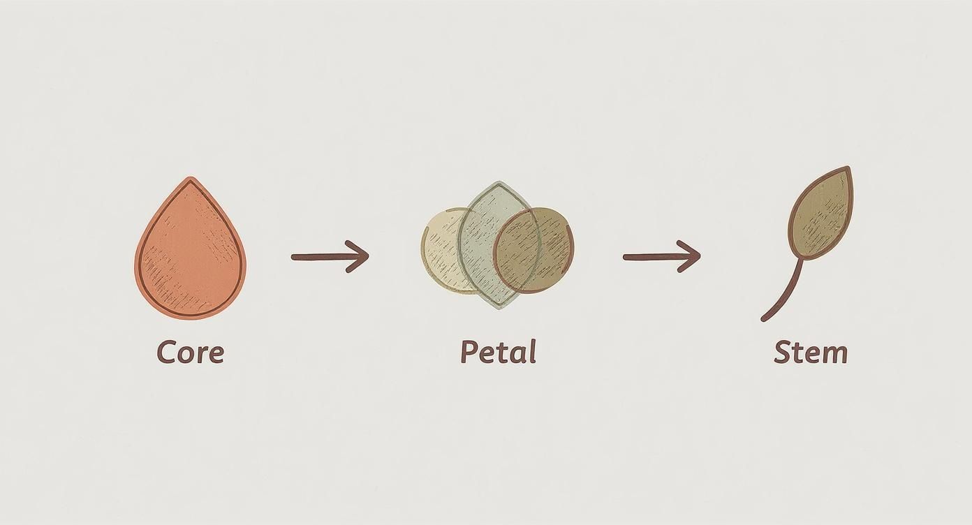 Three stylized drawings illustrating the core, petal, and stem components of a rose.
