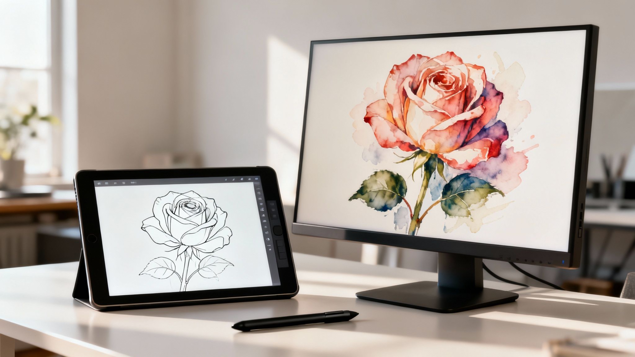Digital art setup showing a rose sketch on a tablet and a watercolor rose painting on a monitor.