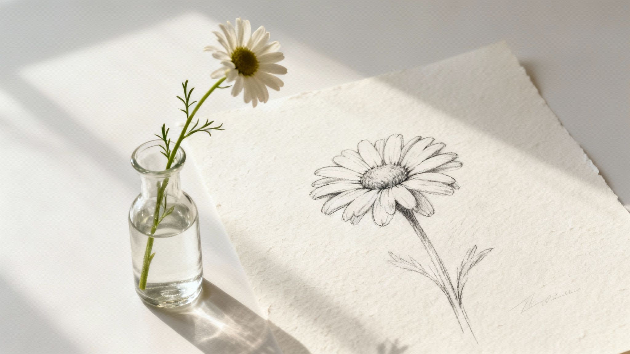 A simple white daisy in a clear vase next to a detailed daisy pencil drawing on textured paper.