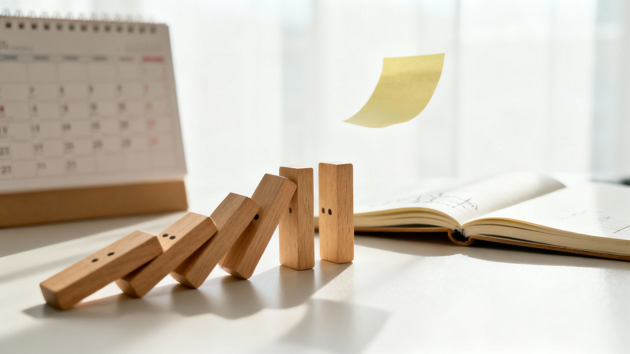 Domino effect with wooden blocks falling on a white desk next to a calendar and notebook.