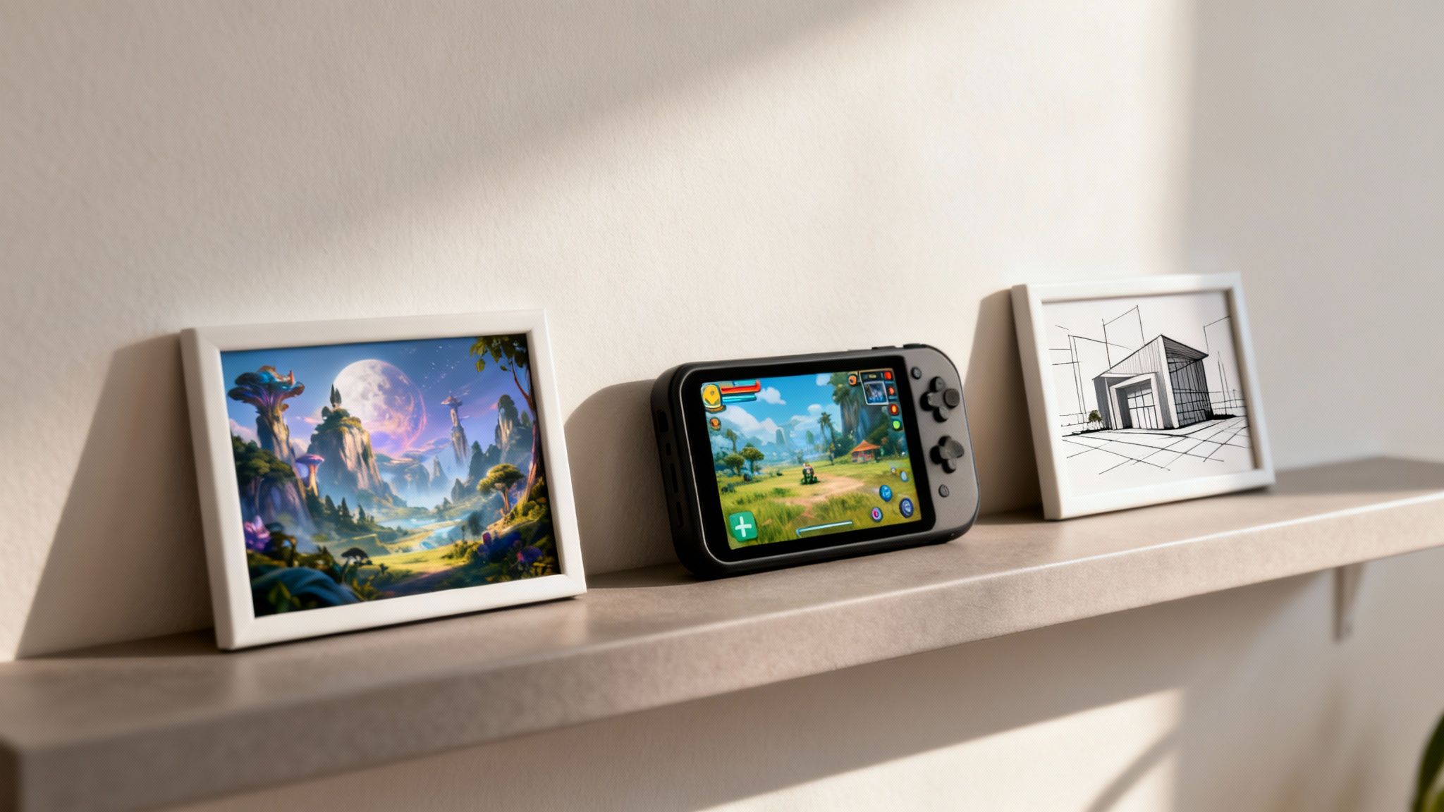 A vibrant fantasy art print, a gaming console, and an architectural sketch sit on a modern shelf.