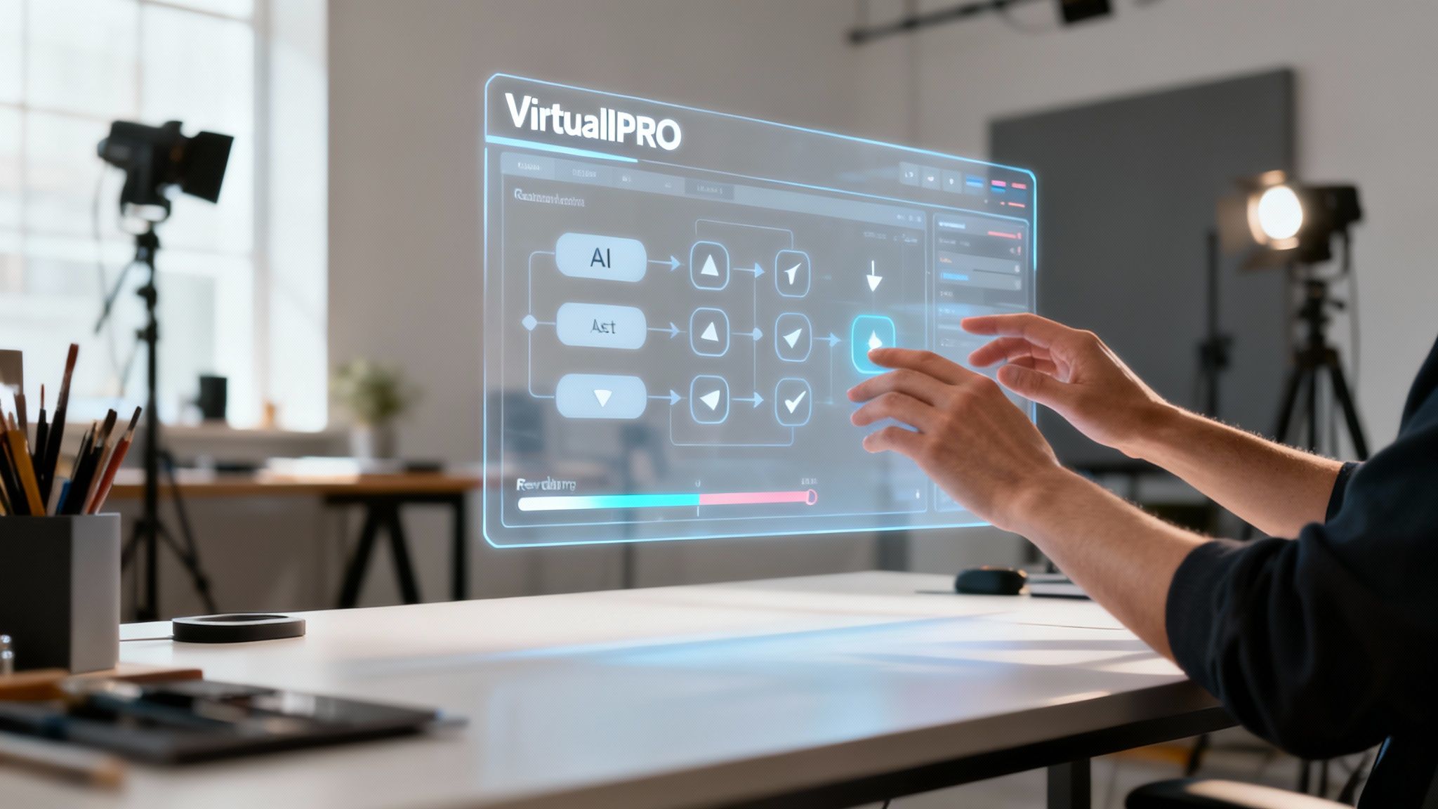 Person using a virtual reality interface called VirtualPRO to manage an AI-powered project workflow.
