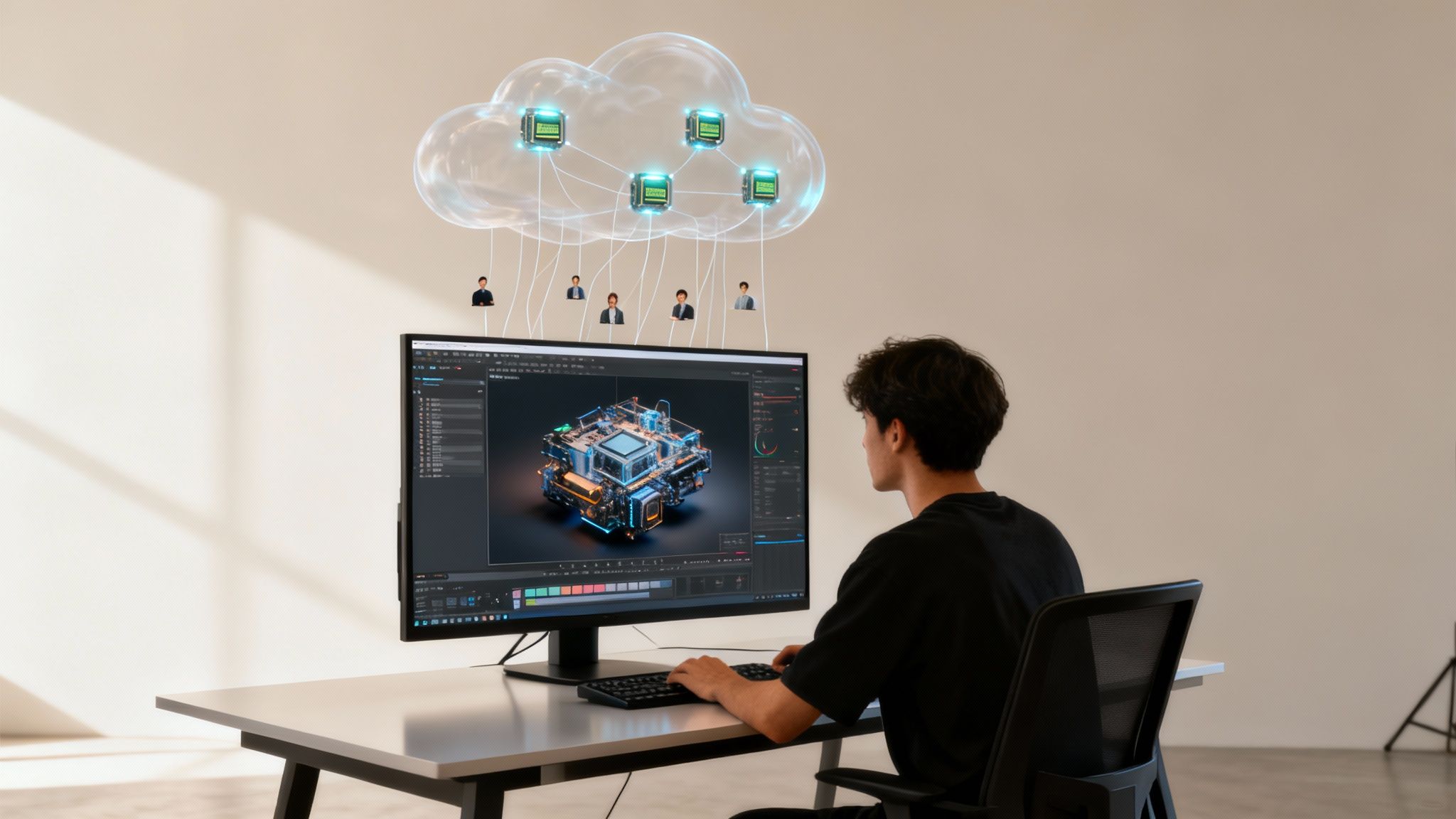 A person works at a computer, connected to a futuristic cloud computing network with several users.