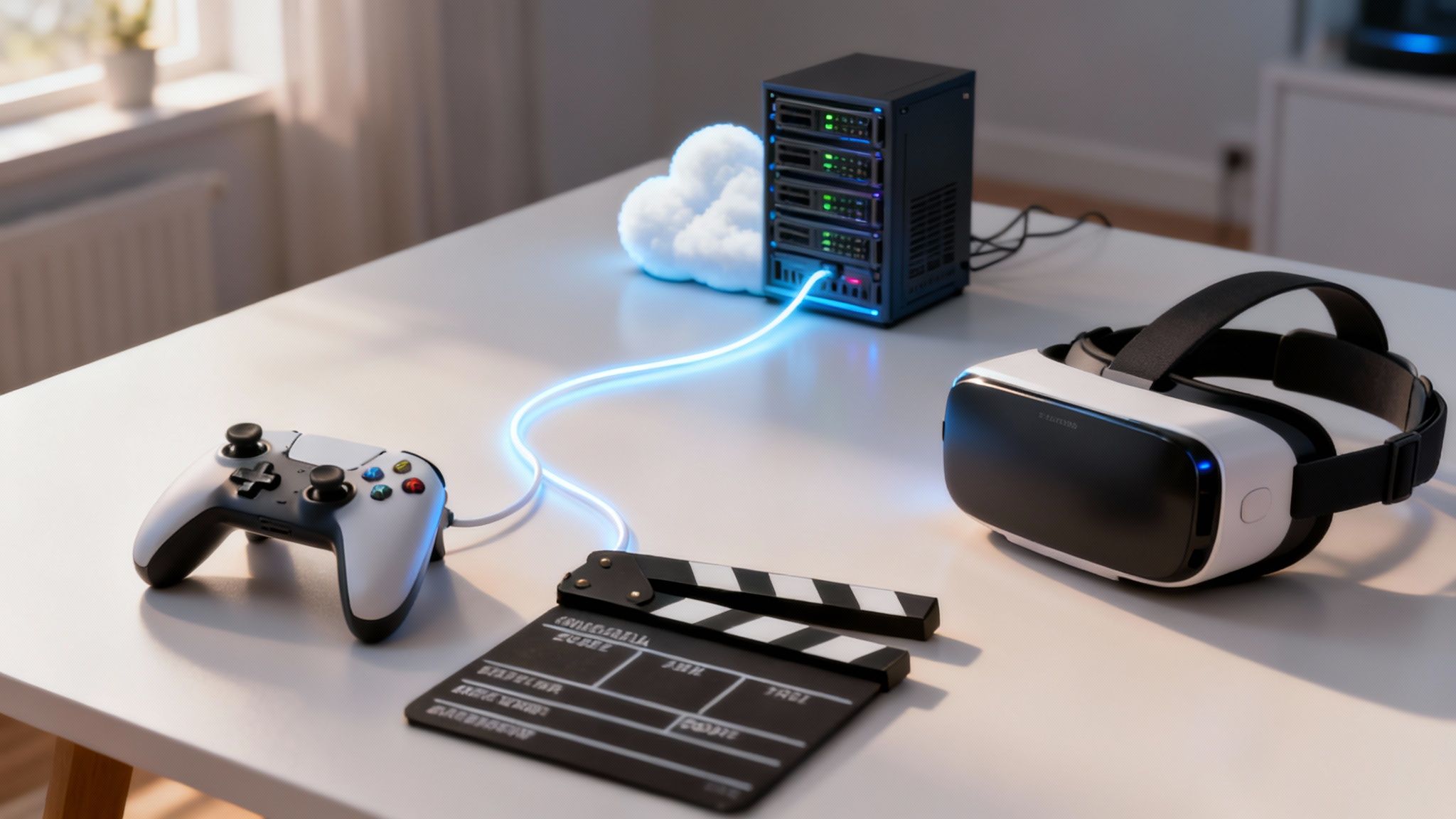 A cloud-powered VR gaming setup with a controller, server, VR headset, and clapperboard on a table.