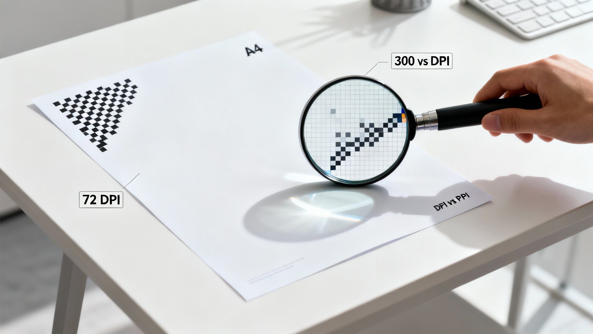 Magnifying glass over A4 paper illustrating 72 DPI and 300 vs DPI concepts for print resolution.