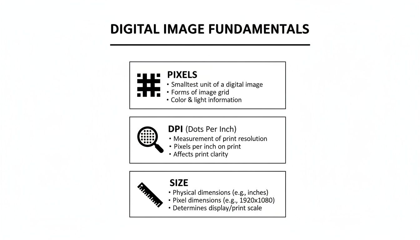 Diagram detailing digital image fundamentals: Pixels, DPI (Dots Per Inch), and image Size definitions.