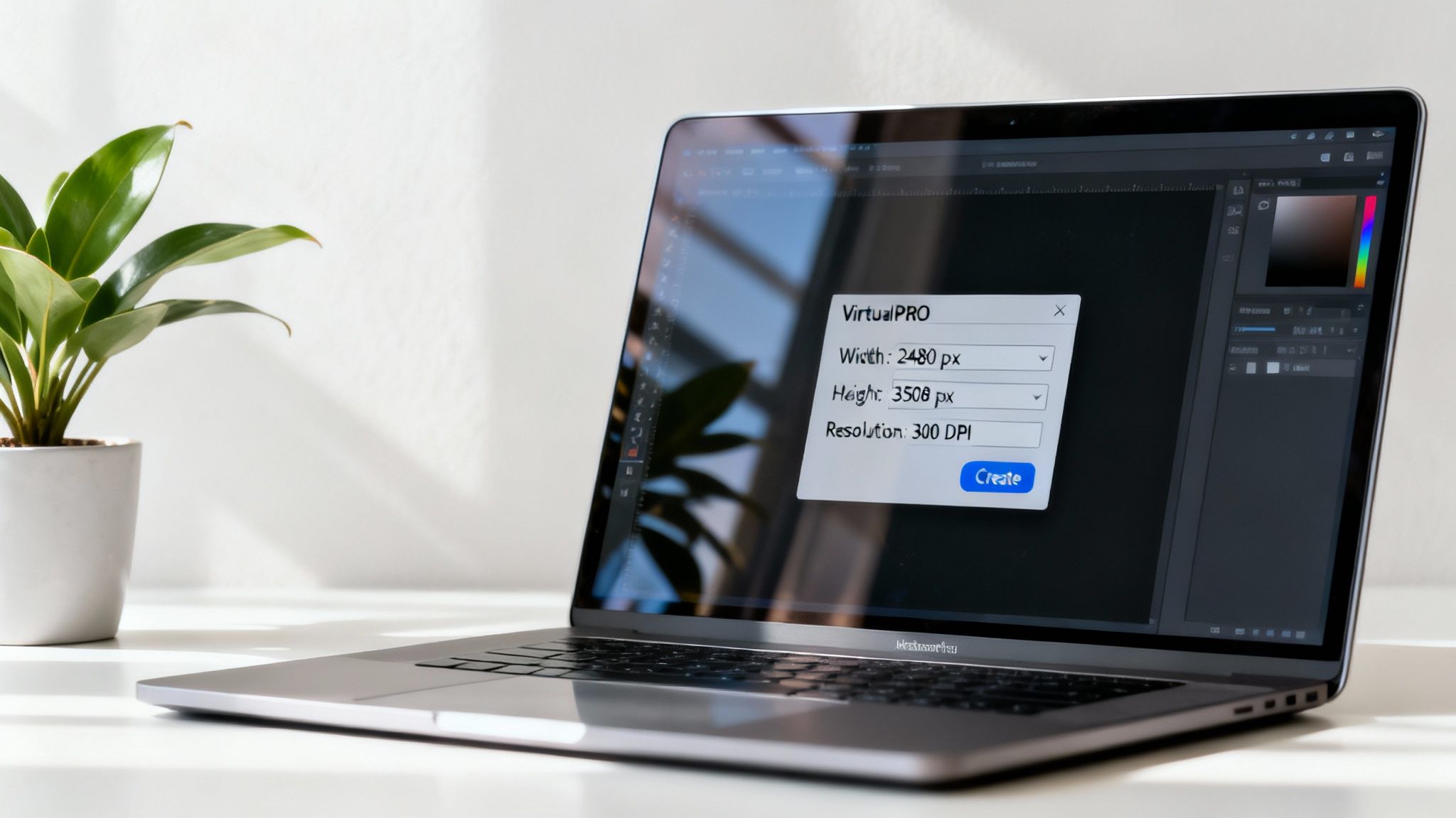 A silver laptop displays a 'VirtualPRO' dialog box showing A4 paper pixel dimensions.