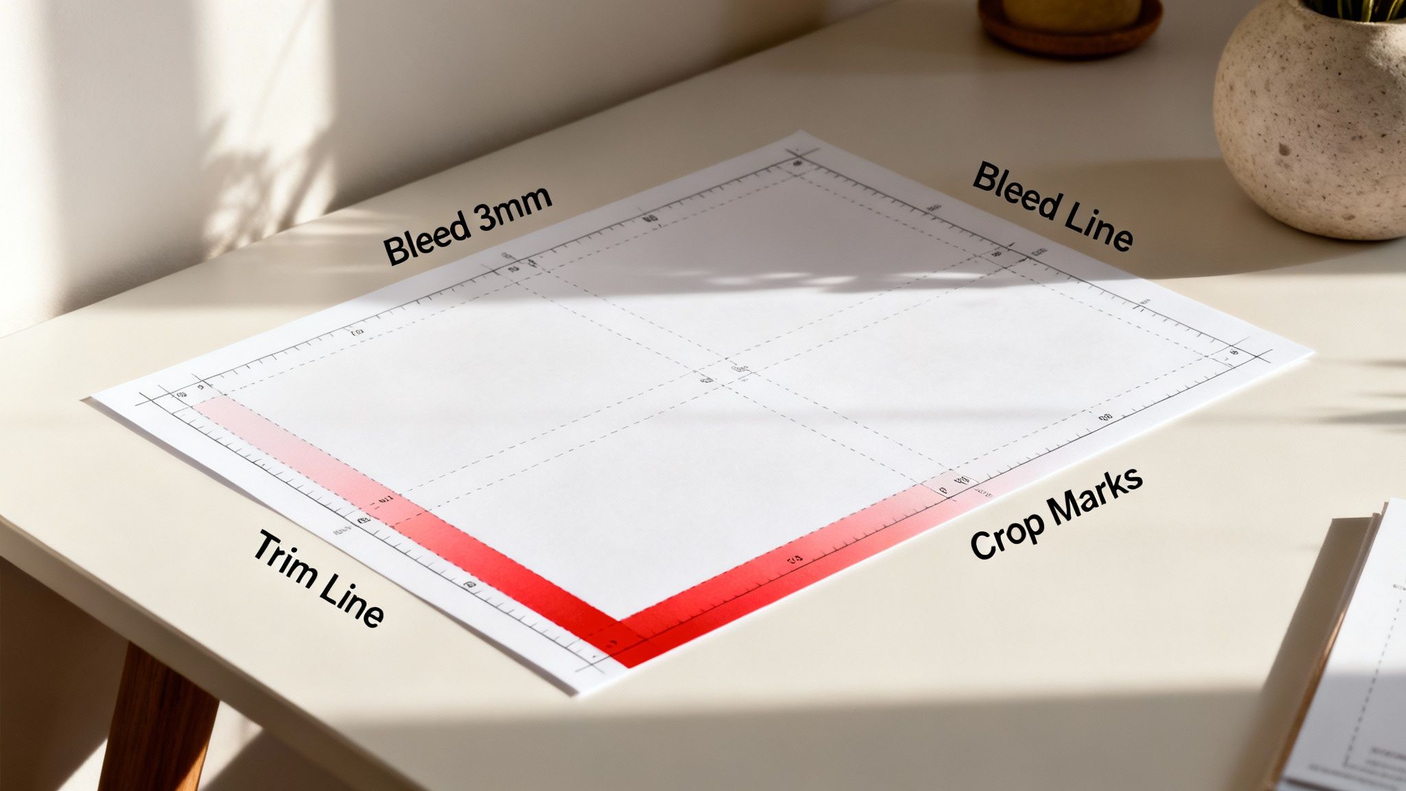 A white paper on a desk showing print marks, including bleed line, trim line, and crop marks with a 3mm bleed area highlighted in red.