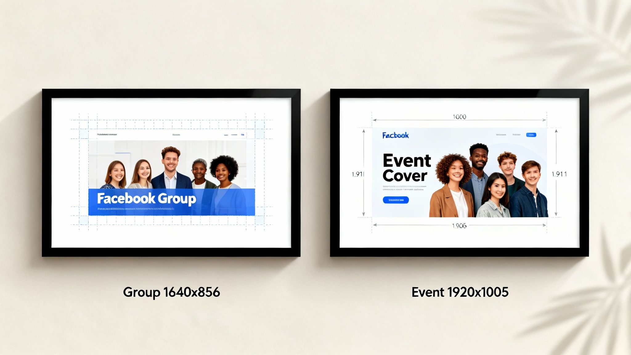 Two framed Facebook designs: a group cover and an event cover, both featuring diverse young people and dimensions.