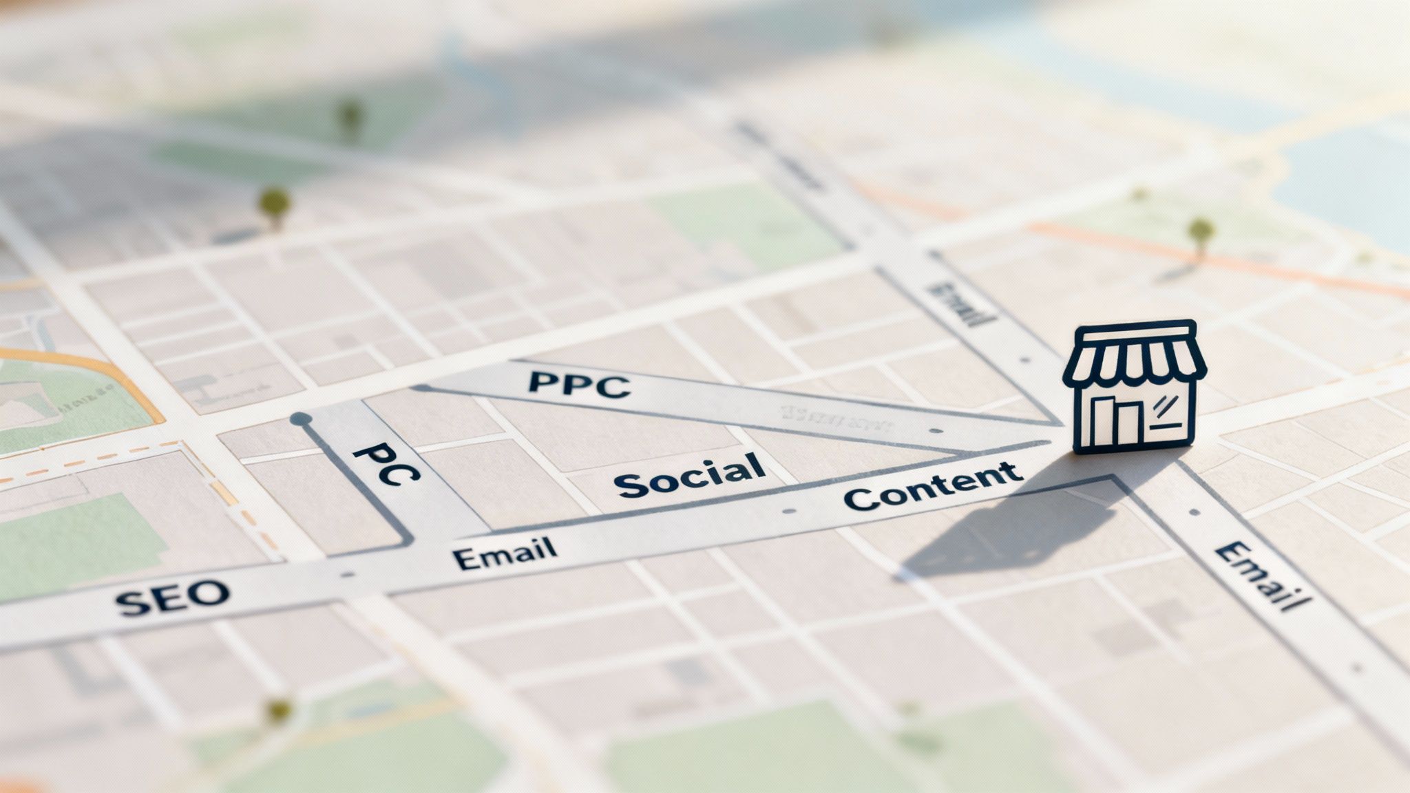 A map with various digital marketing paths like SEO, PPC, Social, Email, Content leading to a store icon.