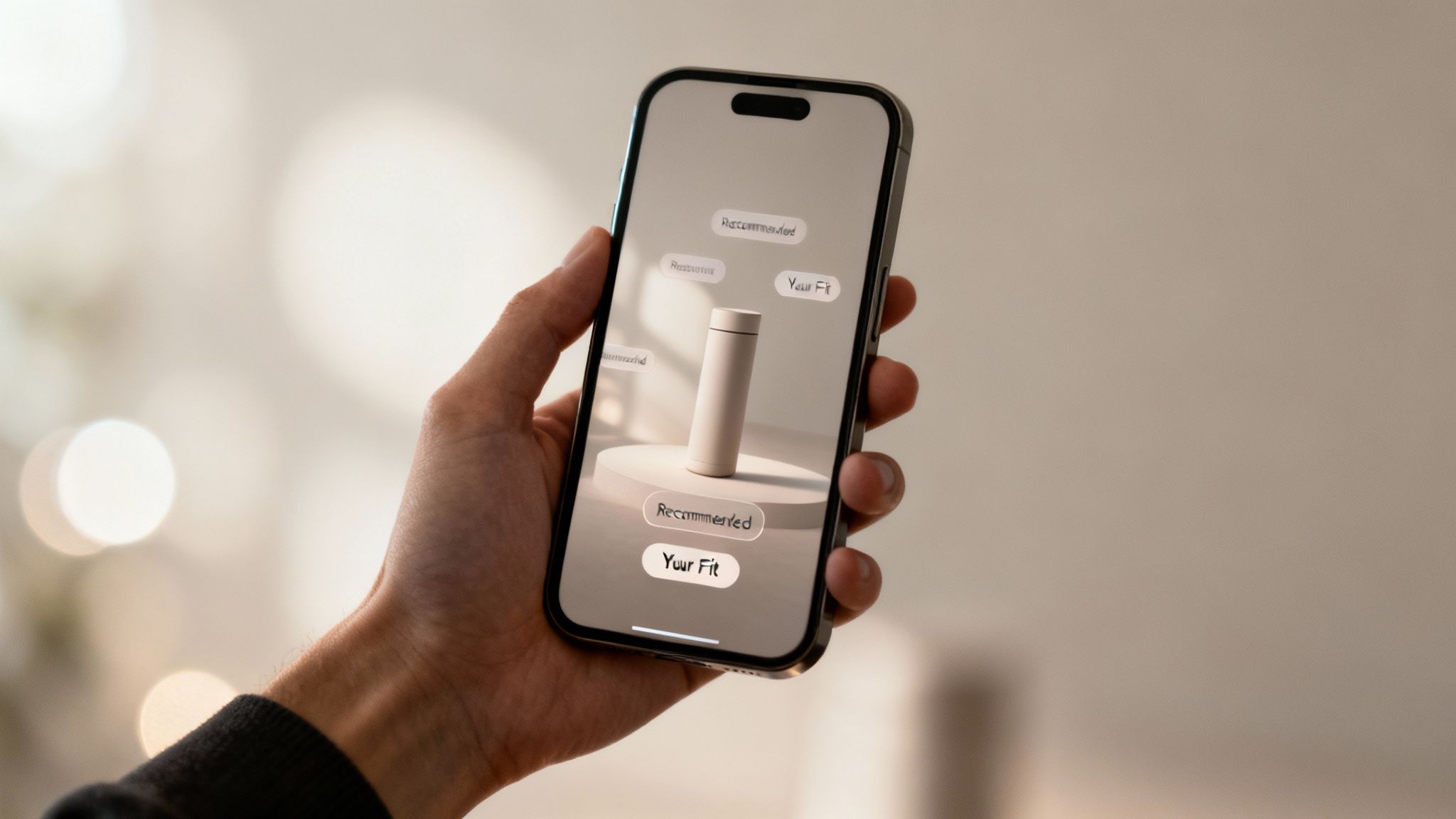 A hand holds a smartphone displaying an AR product customization app with a water bottle and text options.