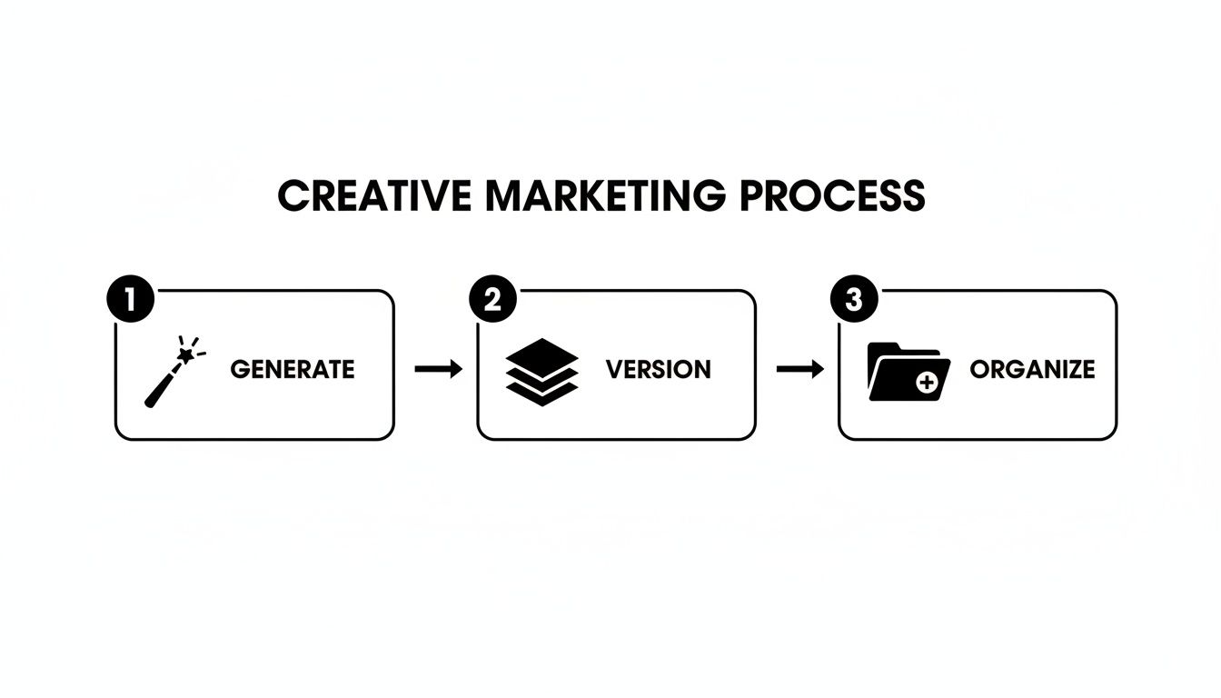 A three-step creative marketing process flowchart showing generate, version, and organize stages.