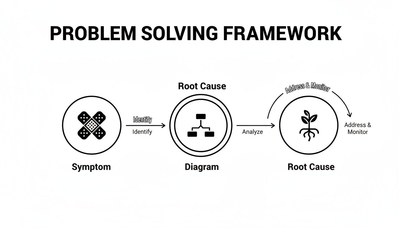 A problem-solving framework illustrating the steps from identifying symptoms to analyzing and addressing root causes.