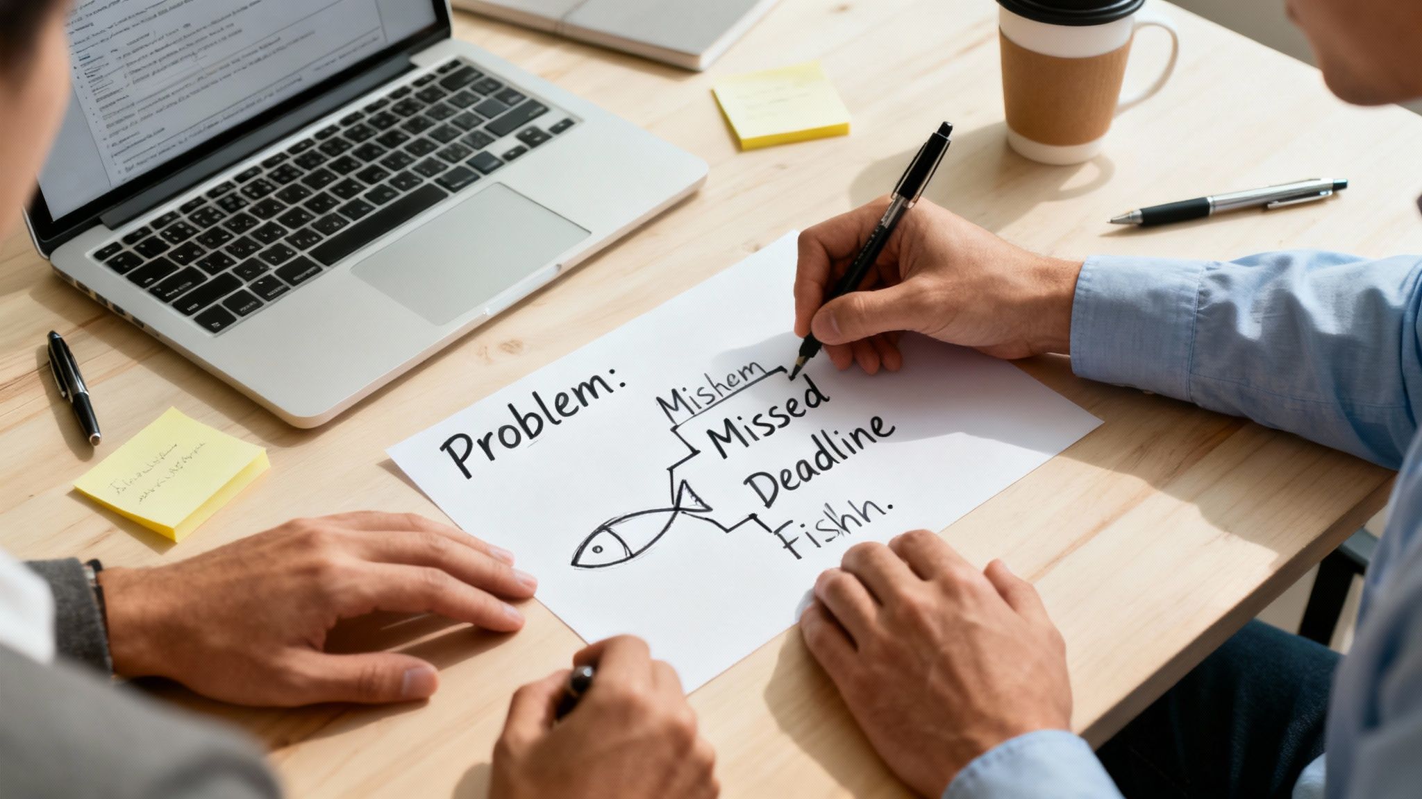 Two people are collaborating on a fishbone diagram to analyze a problem and its causes.