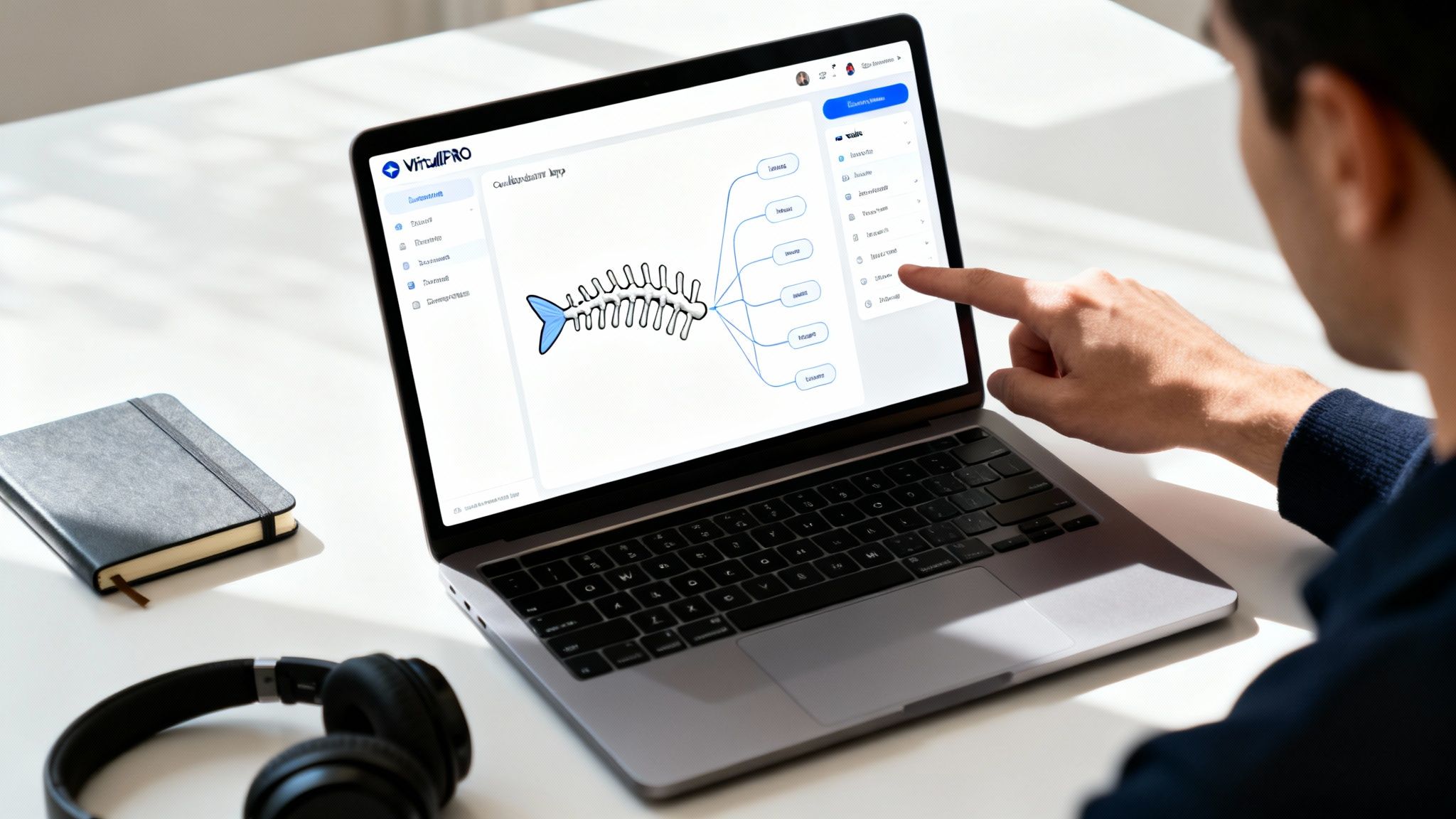 Person interacting with a laptop screen displaying a detailed digital fishbone diagram for analysis.
