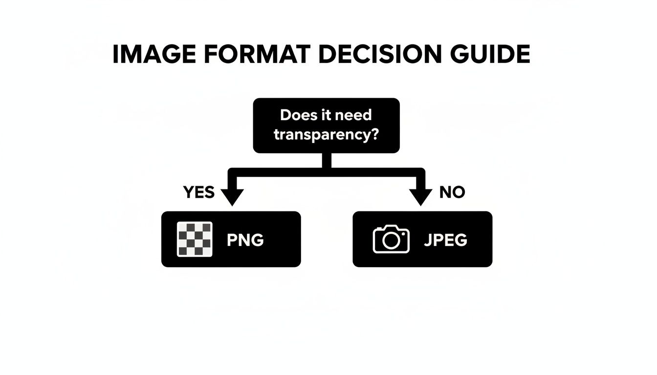 Decision guide flowchart for image formats: Choose PNG for transparency, JPEG for no transparency.