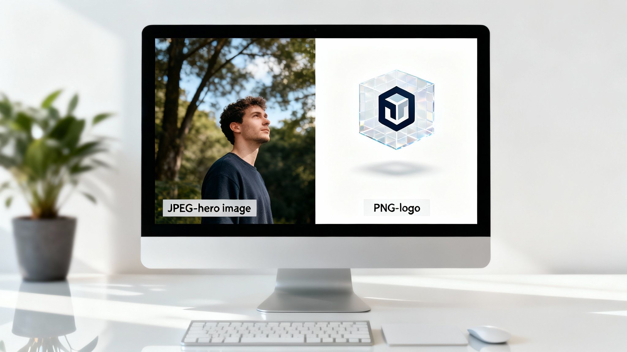 A computer monitor displays a JPEG hero image of a man and a PNG logo, demonstrating image formats.