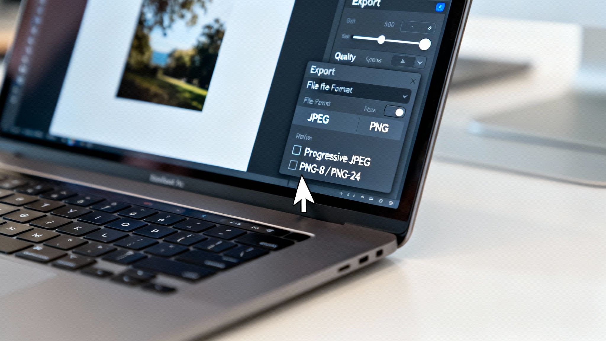 A laptop screen showing an image export menu, highlighting JPEG and PNG file format options.