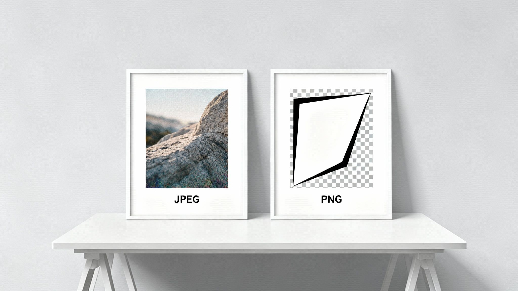 Two framed images on a white table comparing a JPEG photo of rocks and a PNG graphic with transparency.
