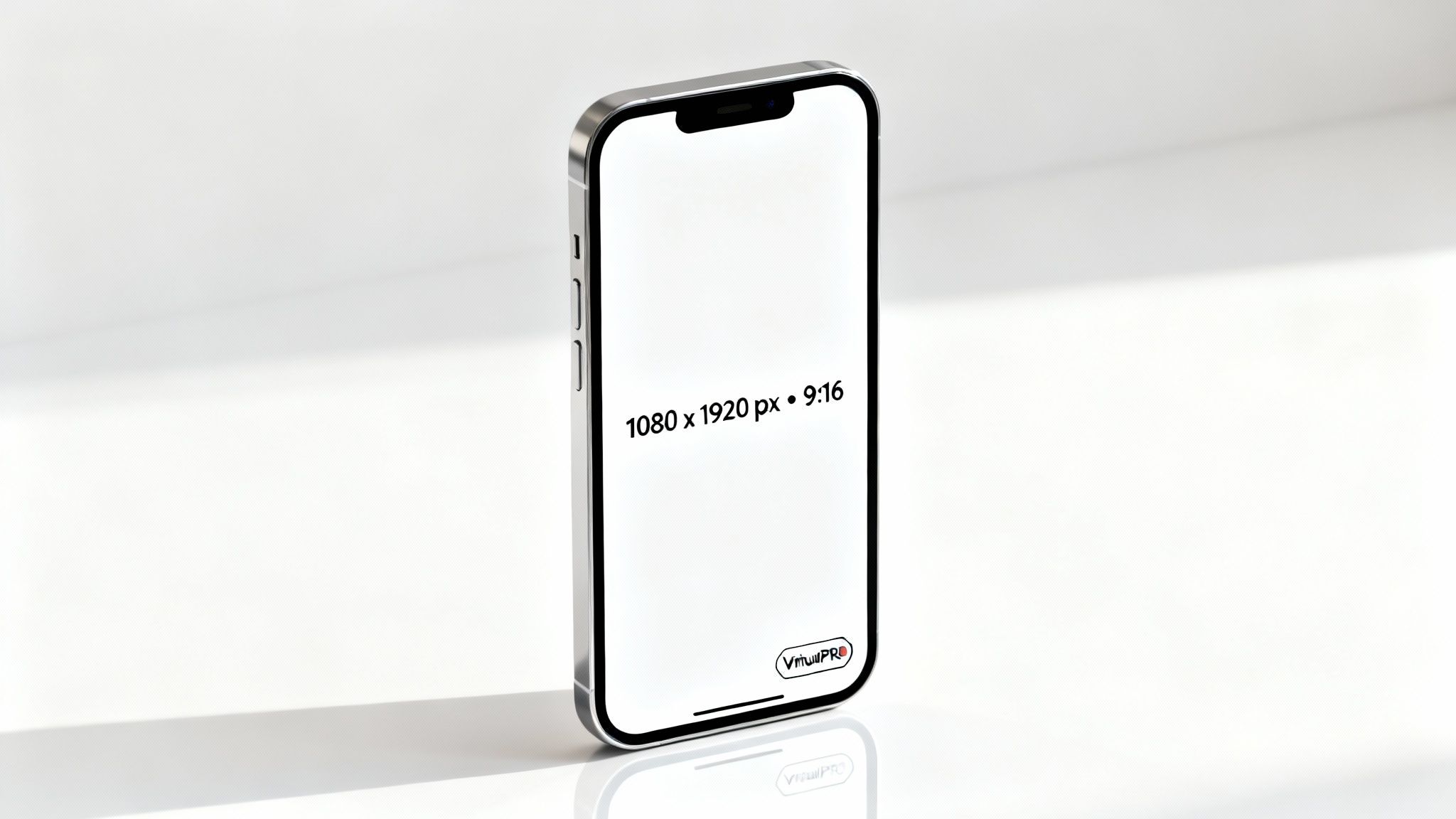 A silver iPhone mockup stands on a reflective white surface, displaying '1080 x 1920 px • 9:16'.