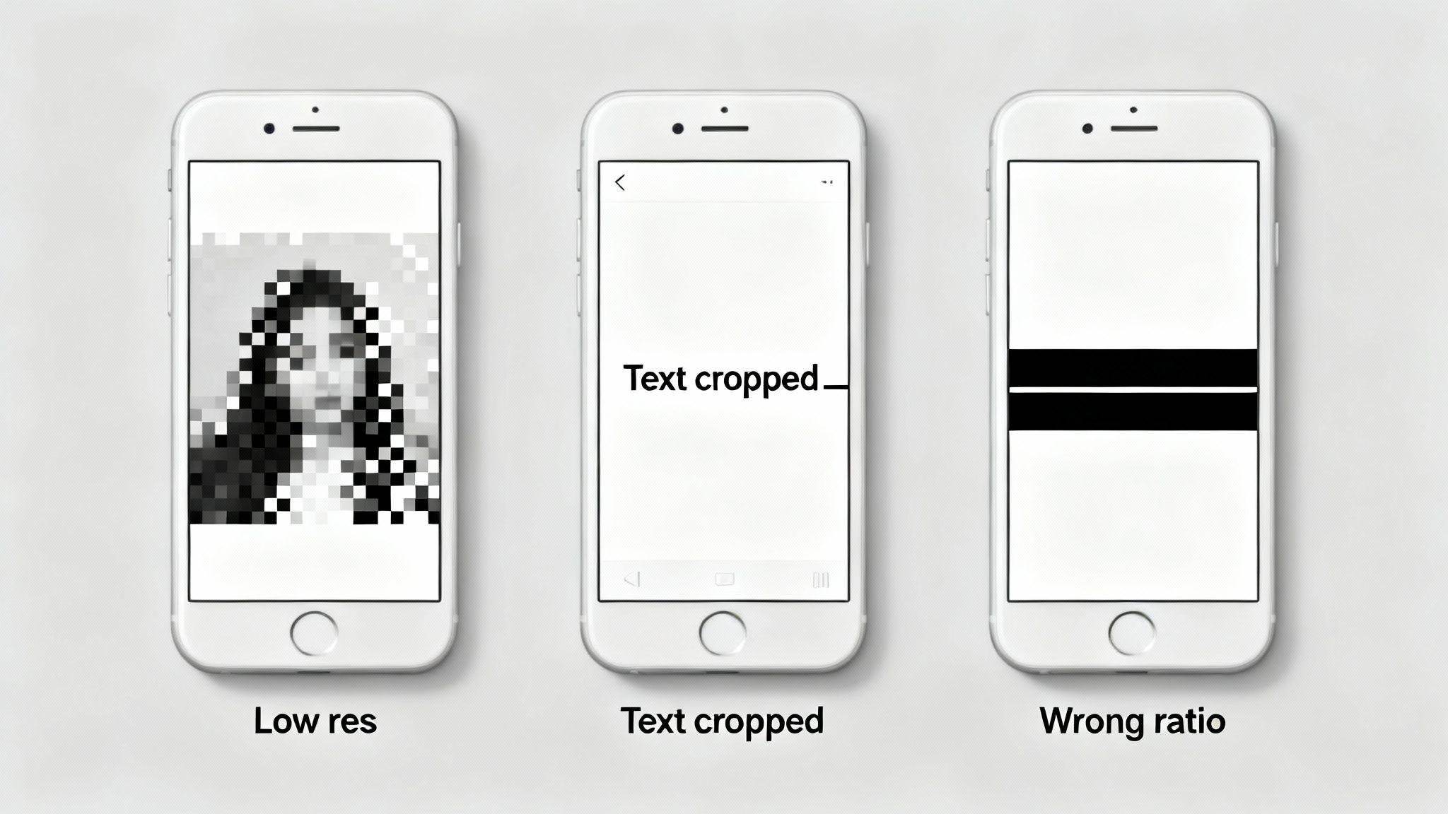 Three iPhones display common image problems: low resolution, cropped text, and wrong aspect ratio.