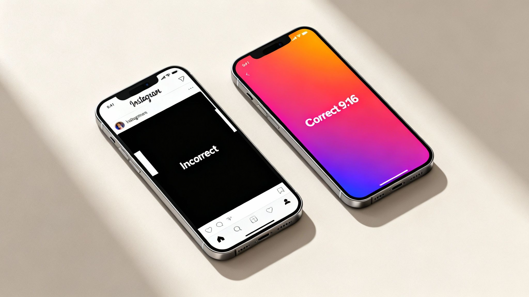 A comparison of an Instagram story with an incorrect aspect ratio and a correct 9:16 story on two iPhones.