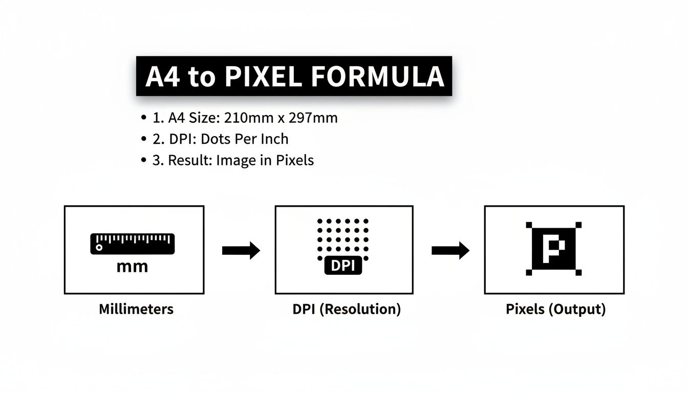Diagram explaining the A4 to pixel conversion formula using millimeters, DPI, and pixel output.