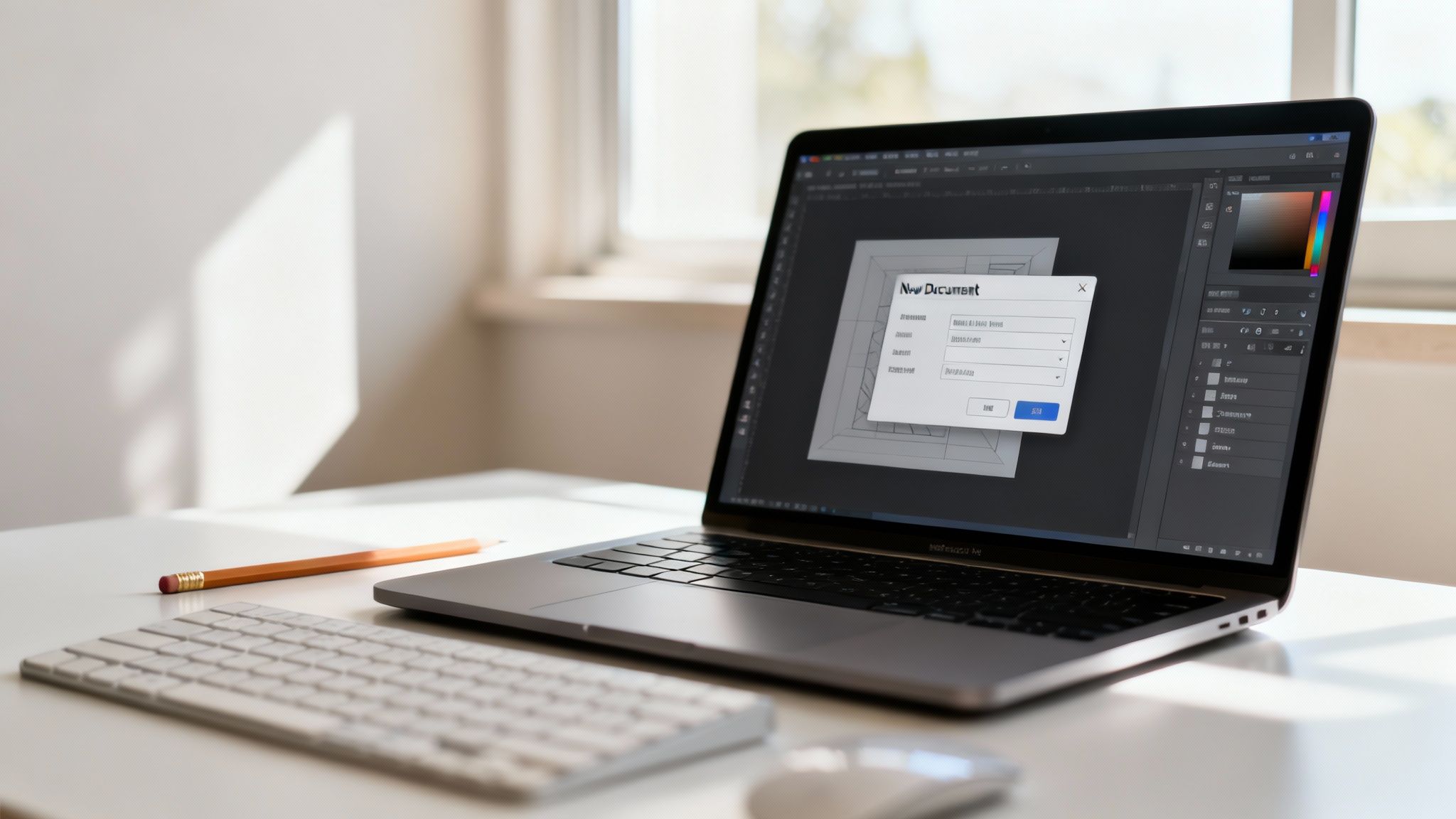 A laptop on a clean desk displaying a 'New Document' dialog in design software, with a keyboard and pencil.