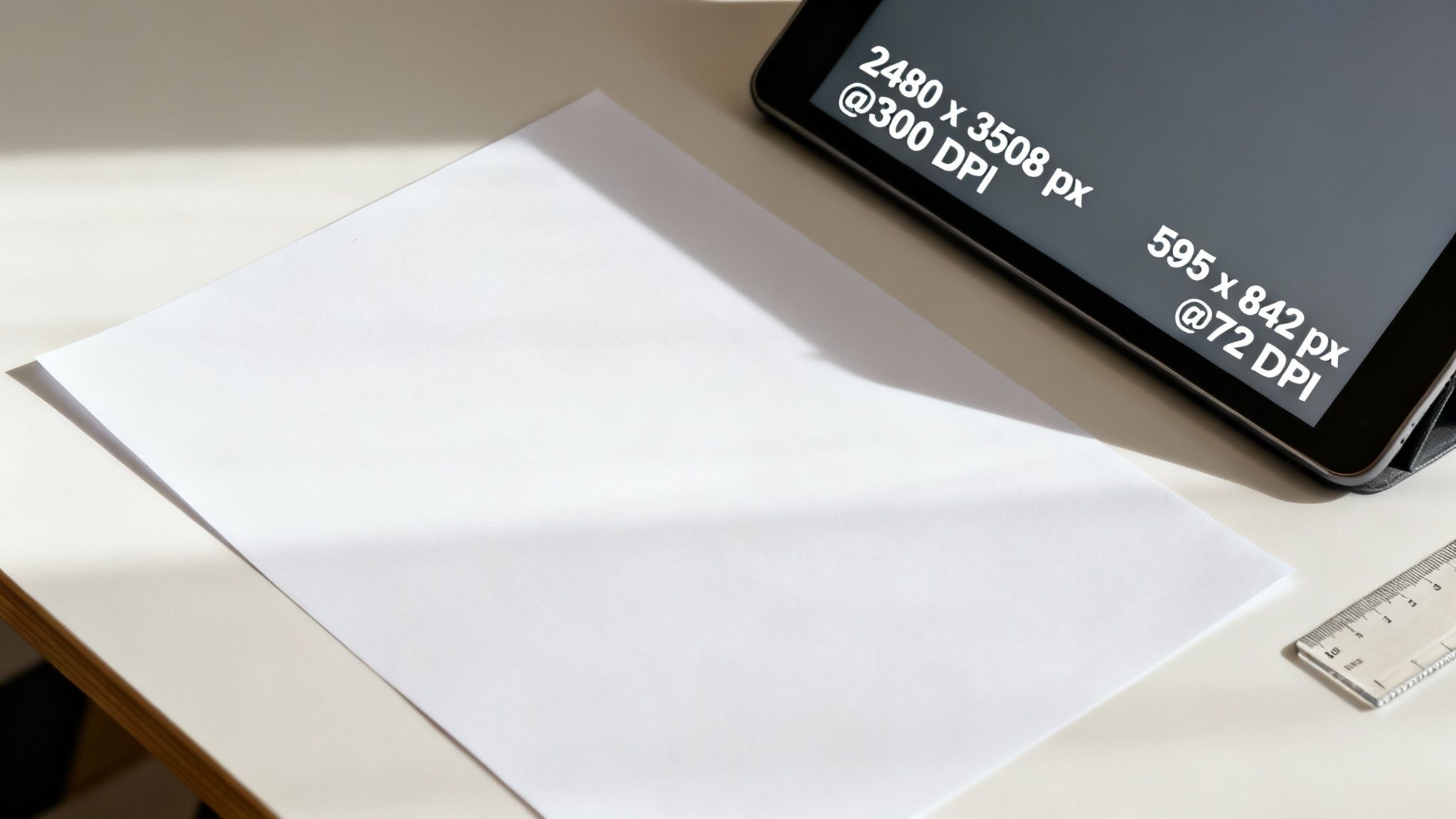 A white A4 paper sheet on a desk next to a tablet showing pixel dimensions for print and web.