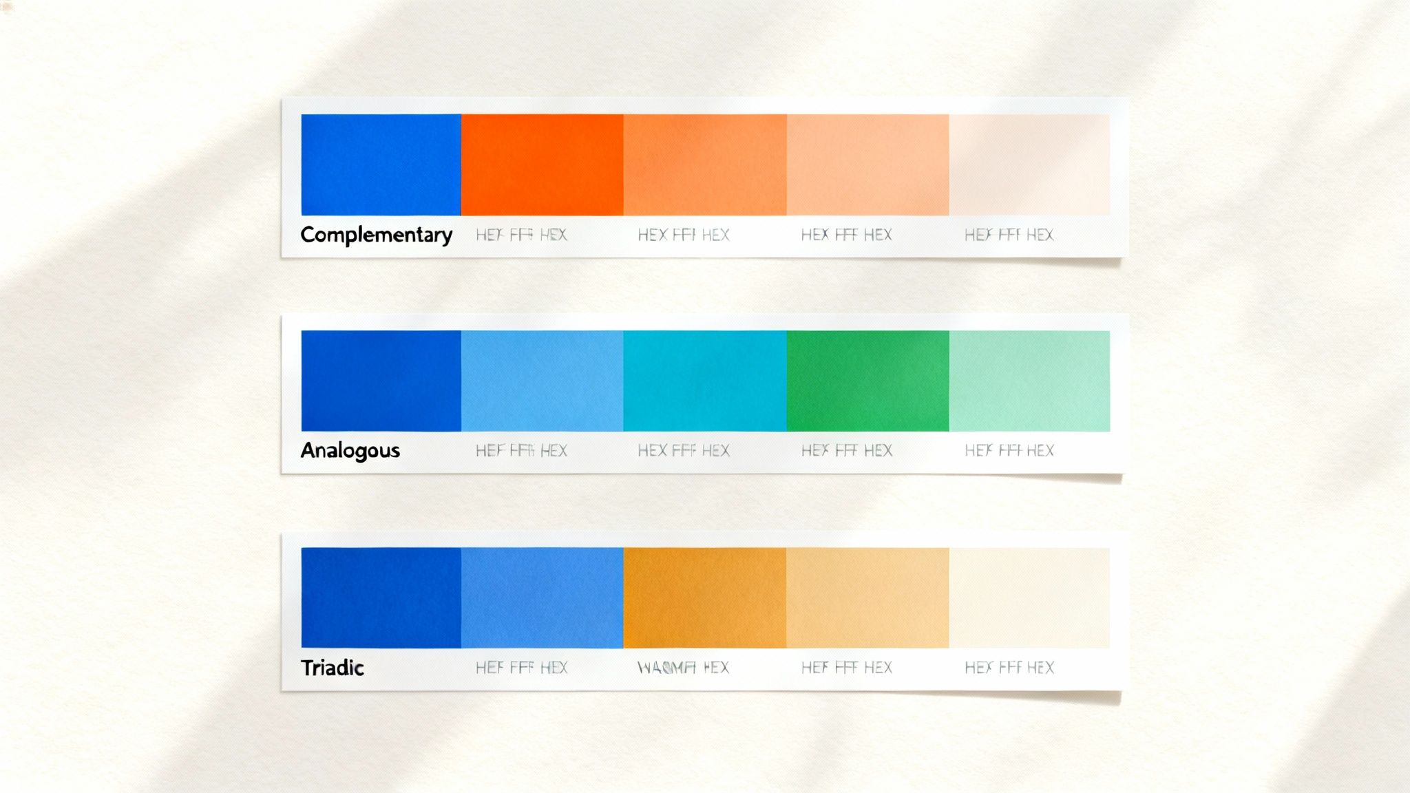 Three color palettes displaying complementary, analogous, and triadic color harmonies with blue as the base.