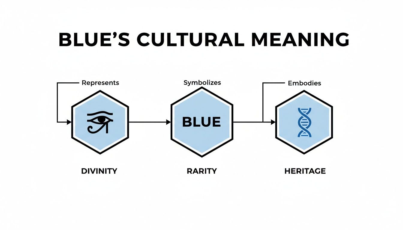 Diagram illustrating blue's cultural meaning, connecting it to divinity, rarity, and heritage.